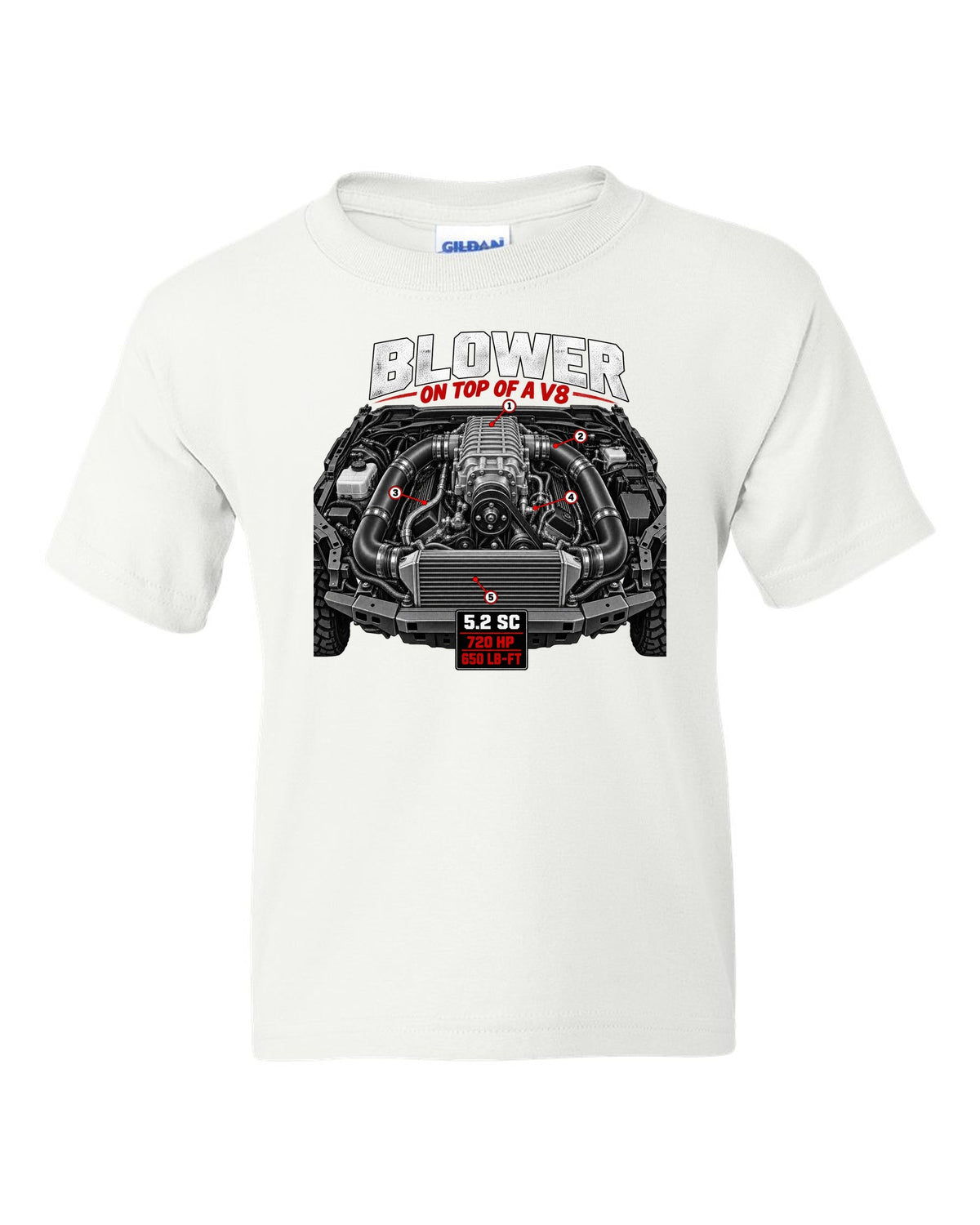Ford F-150 Raptor R P702 engine hero print with 5.2 supercharged V8 and 720 HP white kids tee front view with the design