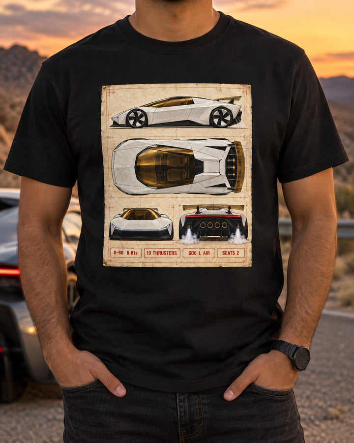 Tesla Roadster Spec Sheet Shirt, Hoodie & More T-Shirt Black worn hero