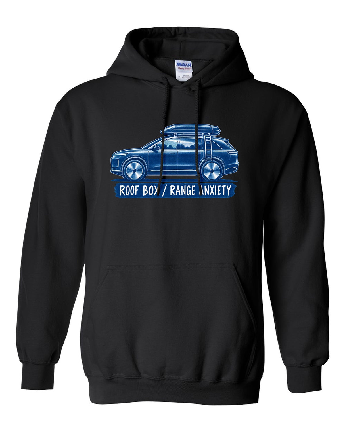 Lucid Gravity white-on-blue cyanotype print with the text roof box range anxiety black pull over hoodie front view with the design