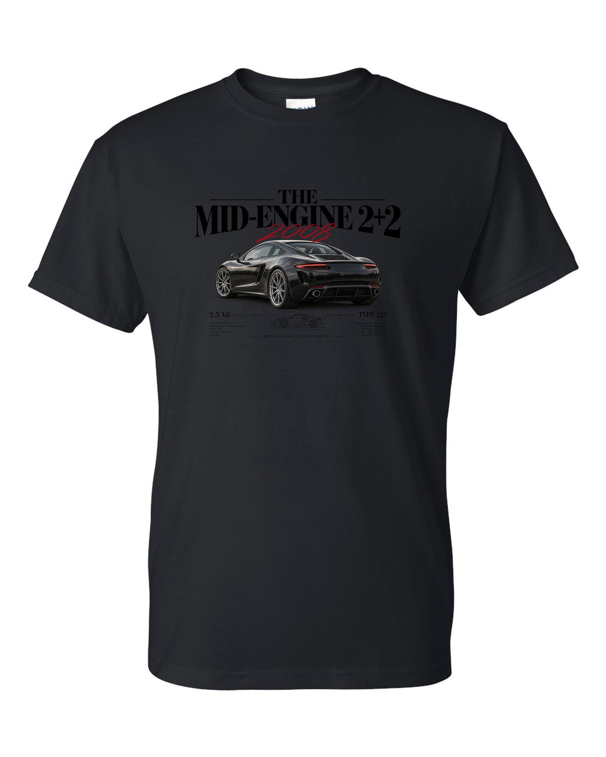 Editorial headline print of a 2008 Lotus Evora Type 122 about the mid-engine 2+2 black t-shirt front view with the design