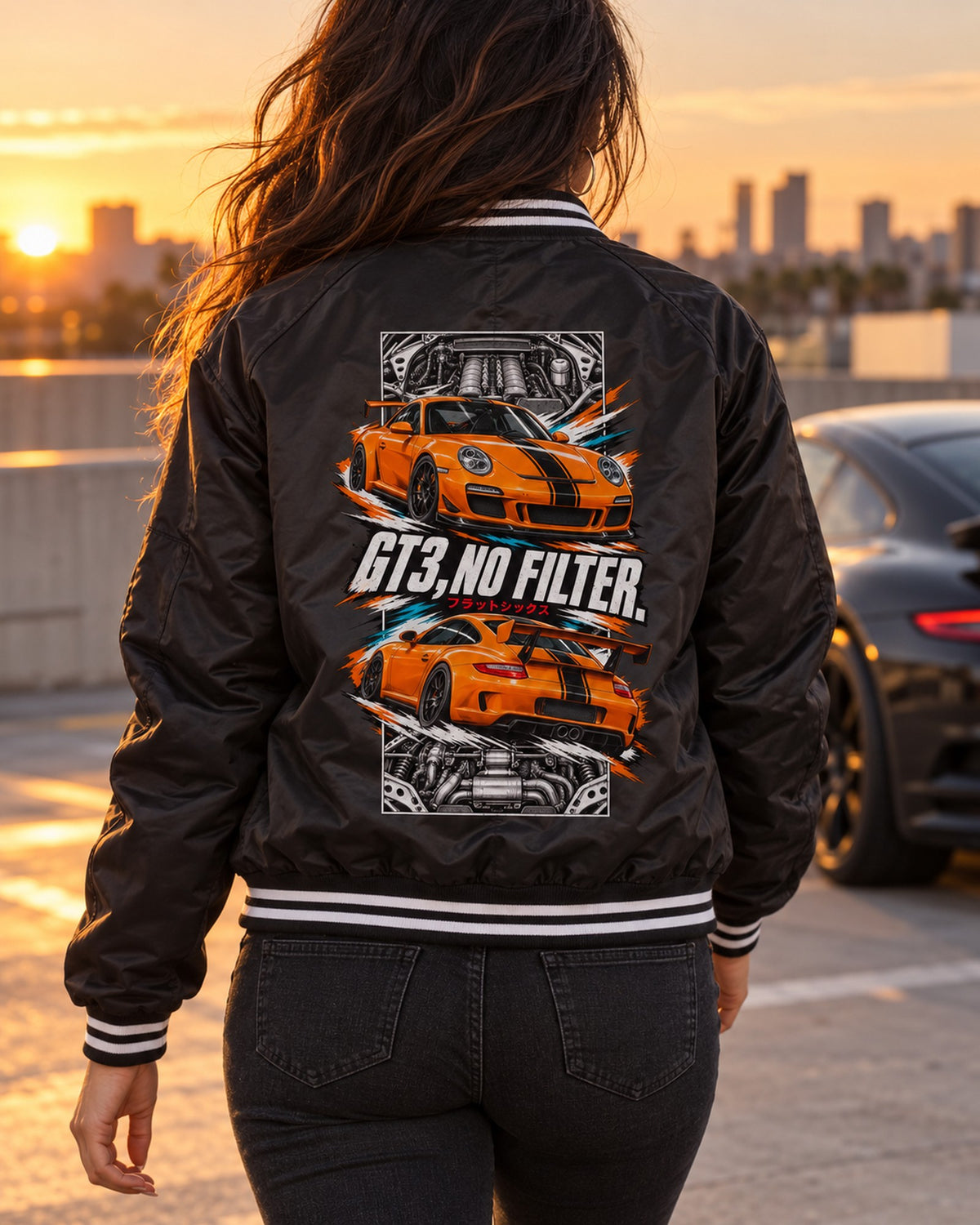 Porsche 997 Gt3 Torn Poster Full-Back Graphic Tee Bomber Jacket Black worn hero