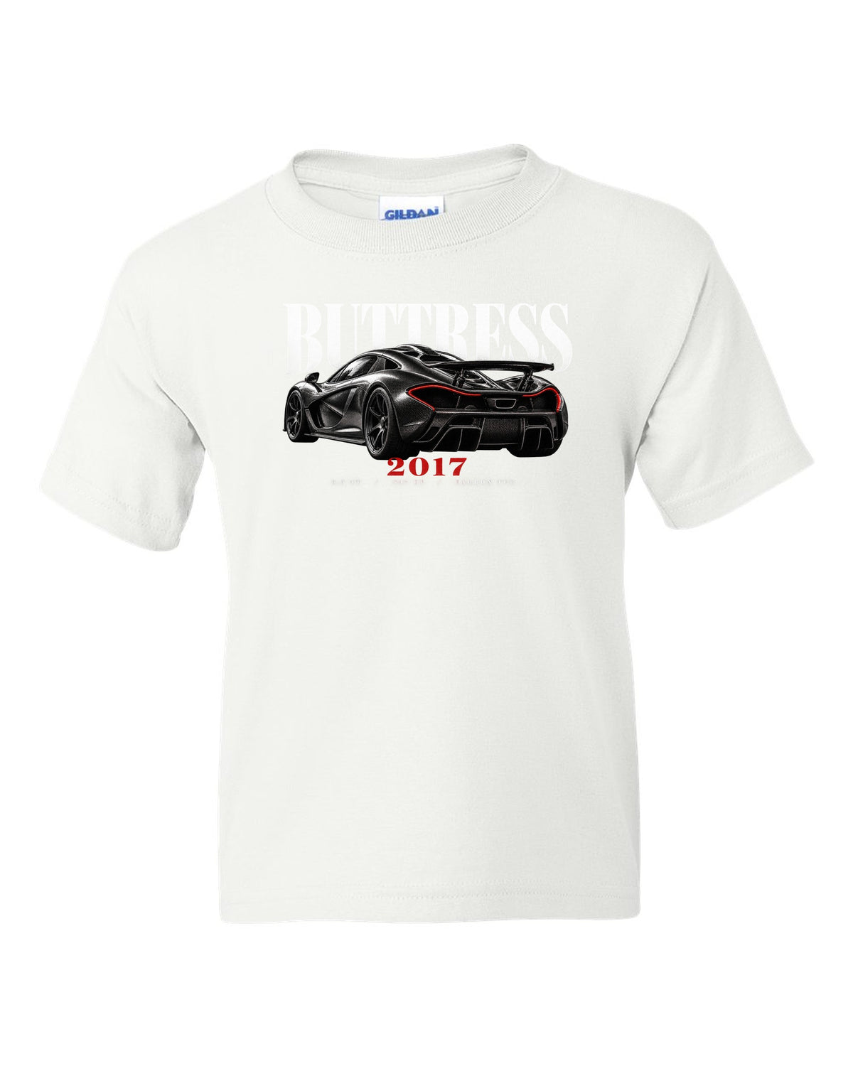 Ford GT 2017-22 buttress editorial print with 3.5 TT, 647 HP and carbon tub text white kids tee front view with the design
