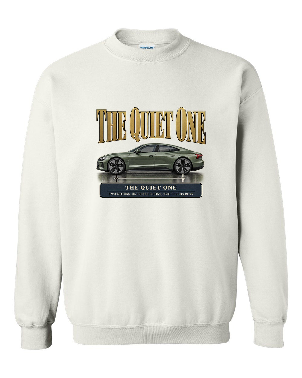 Audi e-tron GT quattro profile editorial headline print design white crewneck front view with the design
