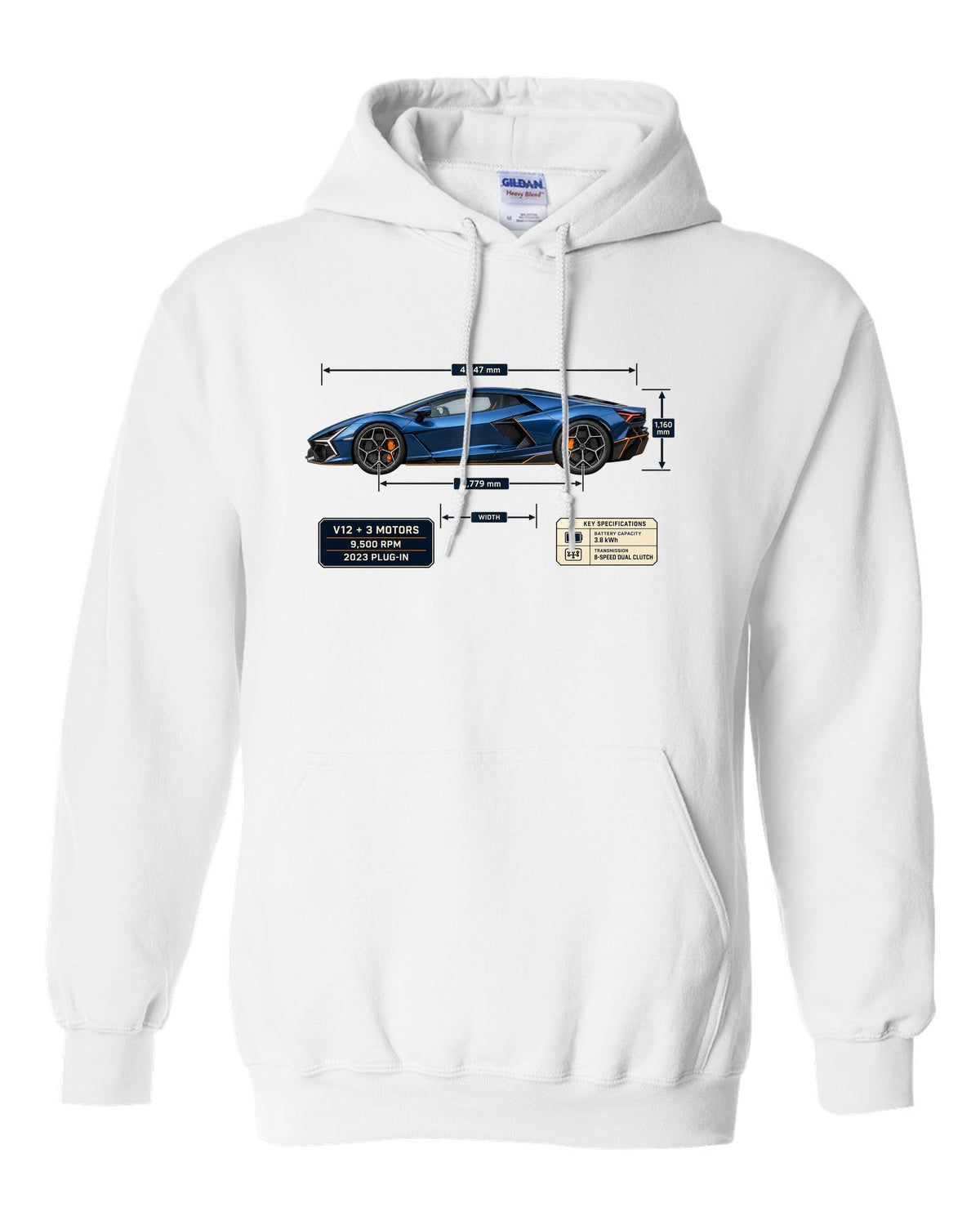 Dimension blueprint print of the Lamborghini Revuelto white pull over hoodie front view with the design