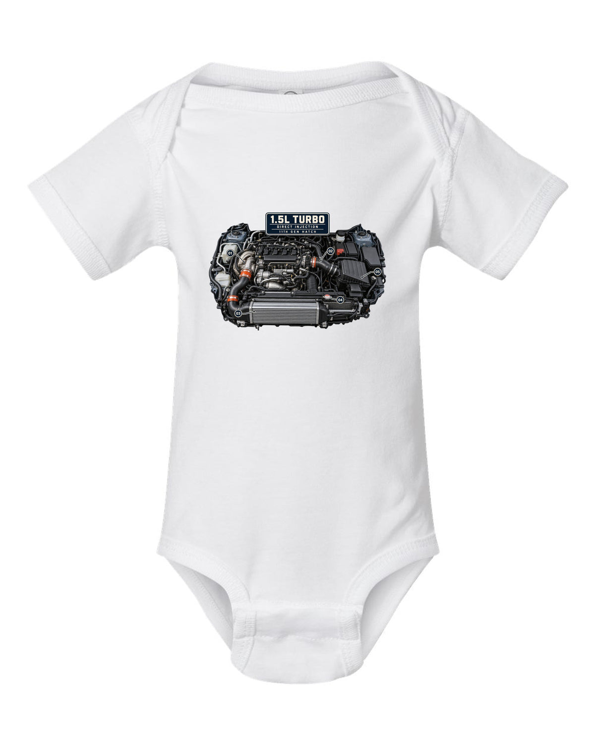 Honda Civic chback FL1 1.5L turbo engine bay print white baby onesie front view with the design