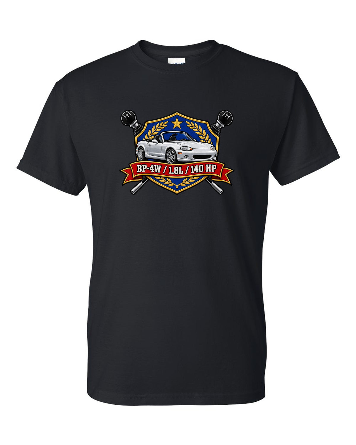 Embroidery-style shield crest of a Mazda MX-5 NB with BP-4W 1.8L 140 HP text black t-shirt front view with the design