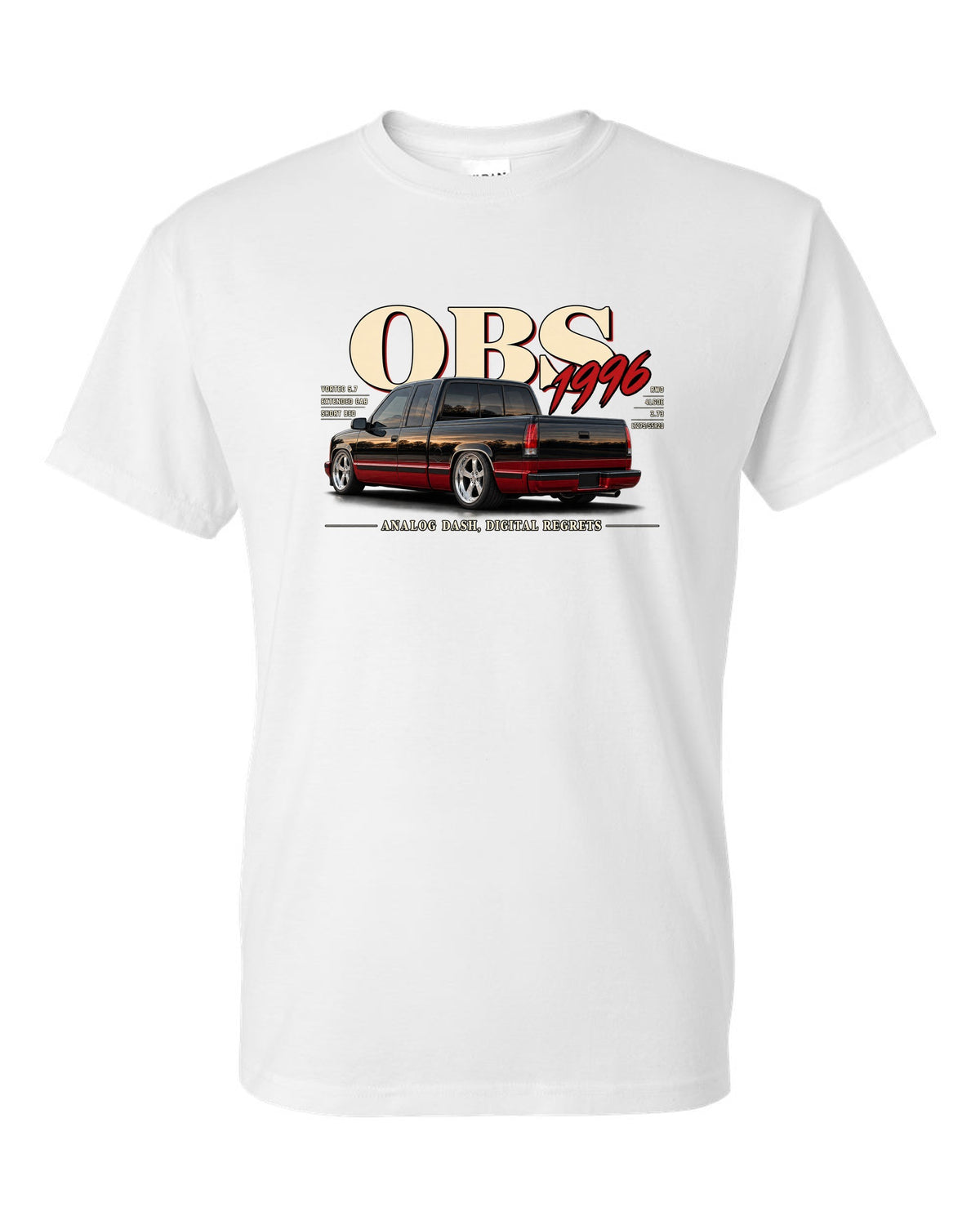 1996 OBS Chevy C1500 extended cab editorial headline print white t-shirt front view with the design