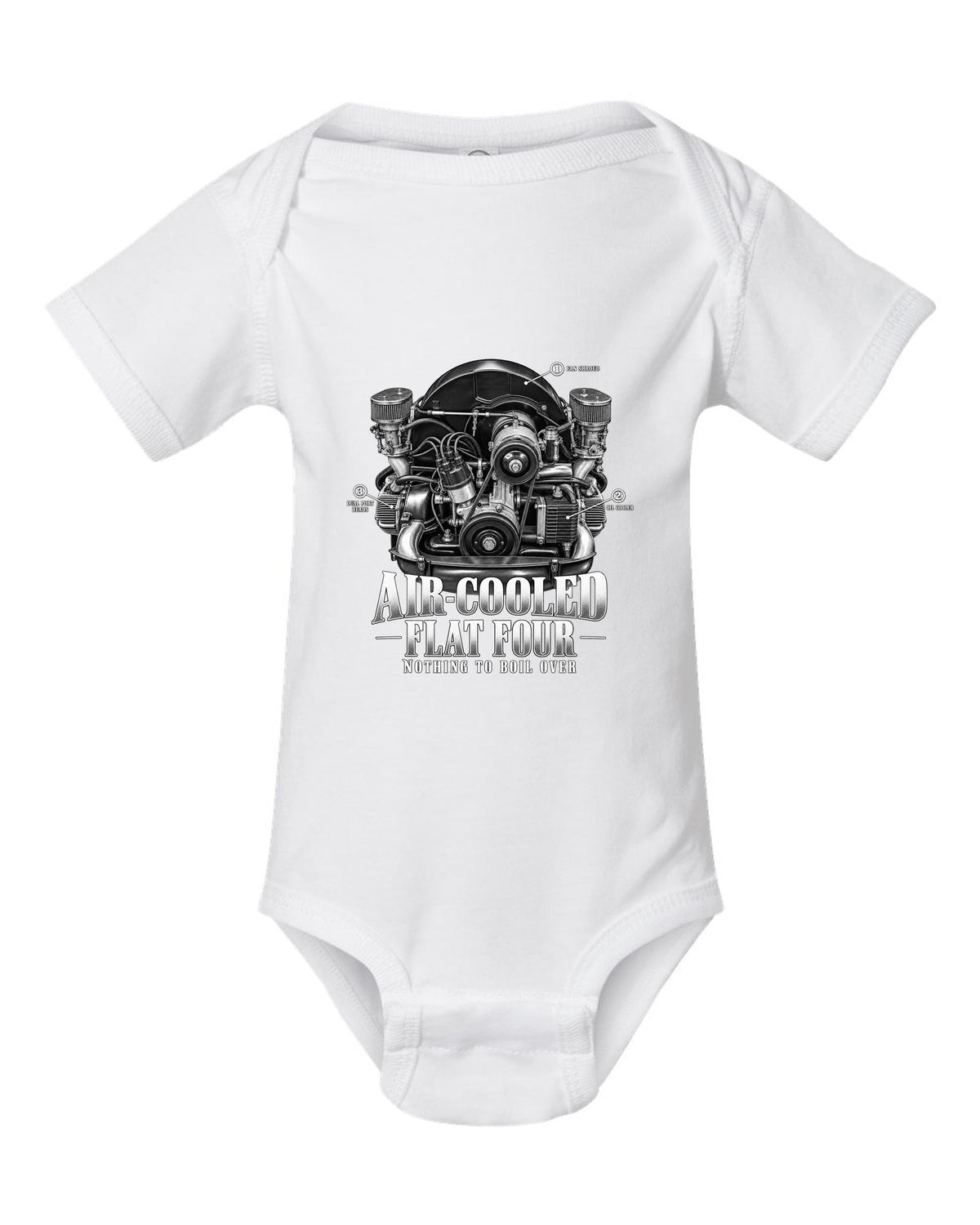 Engine bay callout print of a VW Beetle air-cooled 1600 dual-port flat-four white baby onesie front view with the design