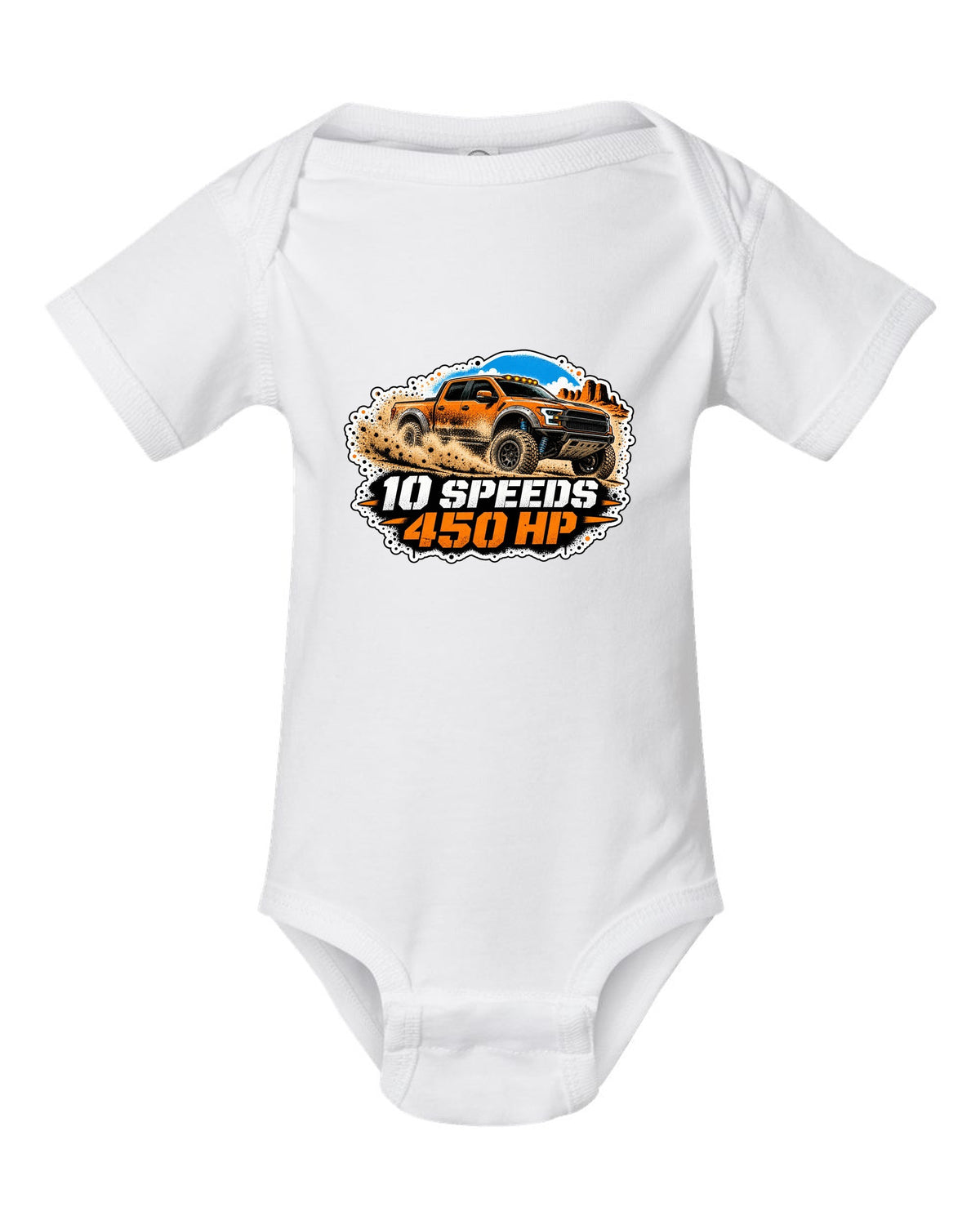 Spray stencil street art print of a 2017-20 Ford F-150 Raptor Gen 2 P552 in desert dust white baby onesie front view with the design