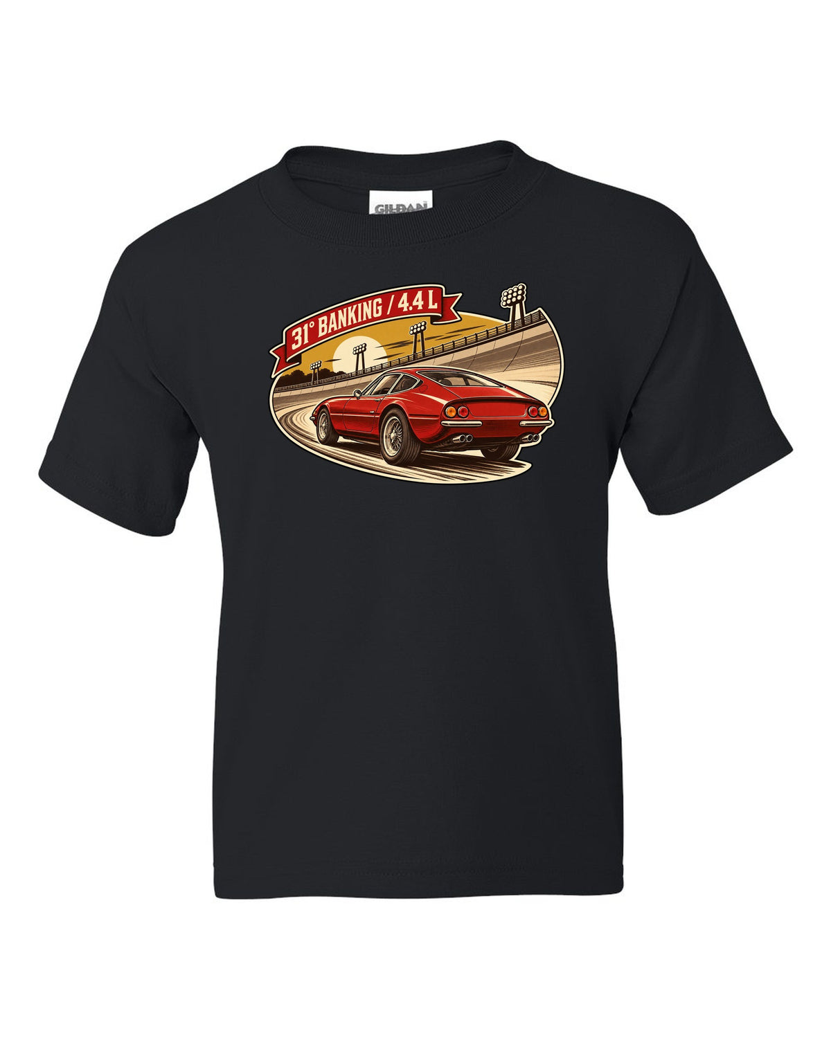 Sepia retro race-programme illustration of three Ferrari 365 GTB/4 Daytonas on banking black kids tee front view with the design