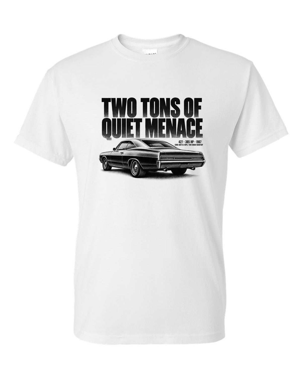 1967 Impala SS 427 two-door hardtop halftone print with 385 HP text white t-shirt front view with the design