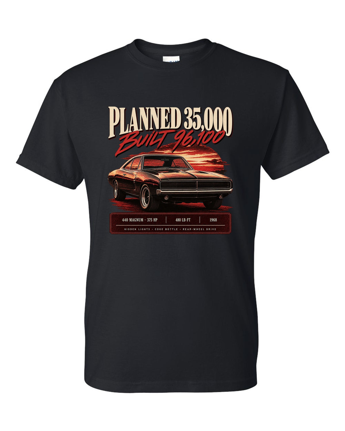 Archive panel print of a 1968 Dodge Charger R/T with 440 Magnum, 375 HP and production figures black t-shirt front view with the design