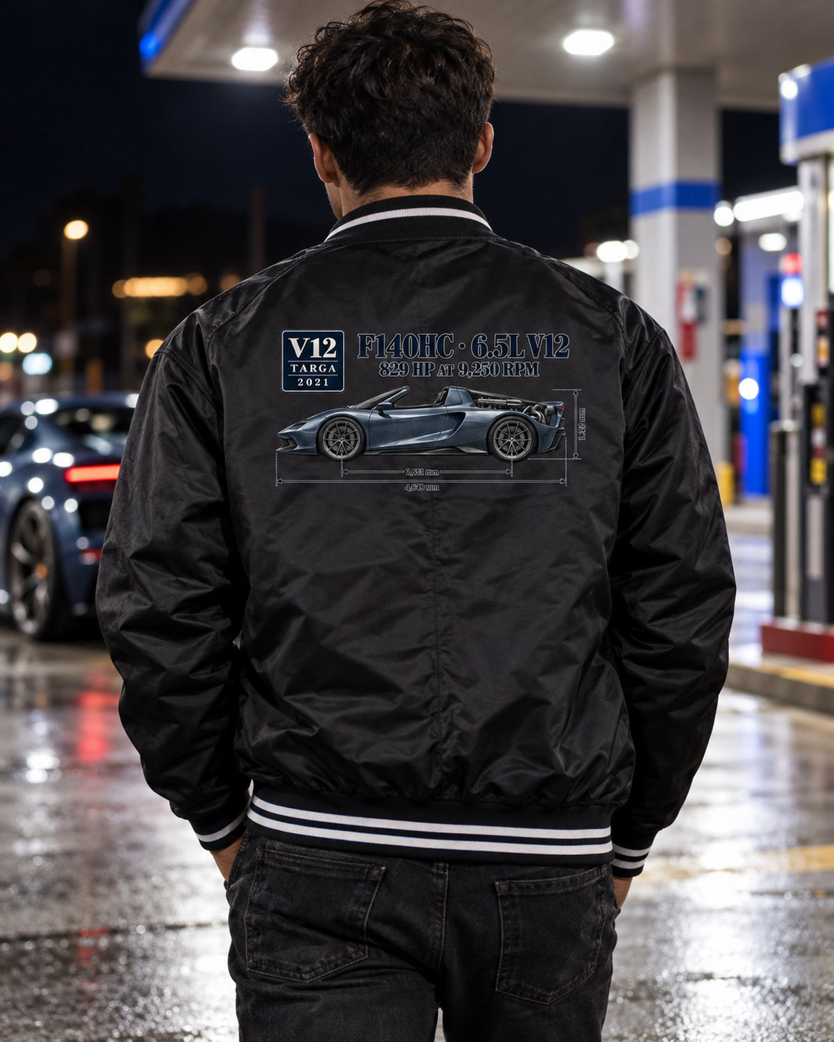 Ferrari Daytona SP3 F140HC Dimension Blueprint Shirt Bomber Jacket Black worn hero