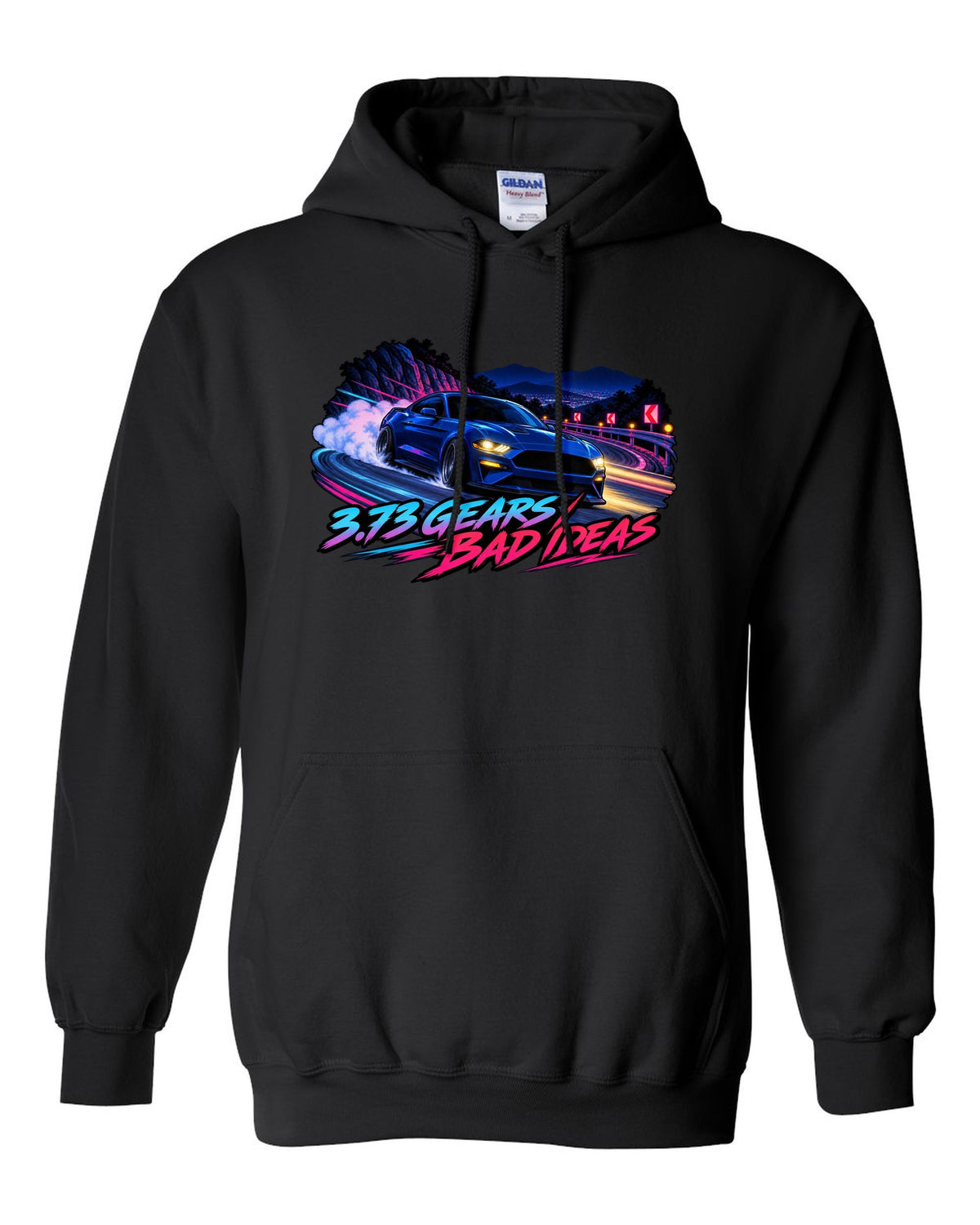 Cel-shaded anime night touge print of a 2015-2023 S550 Mustang fastback with 3.73 Gears text black pull over hoodie front view with the design