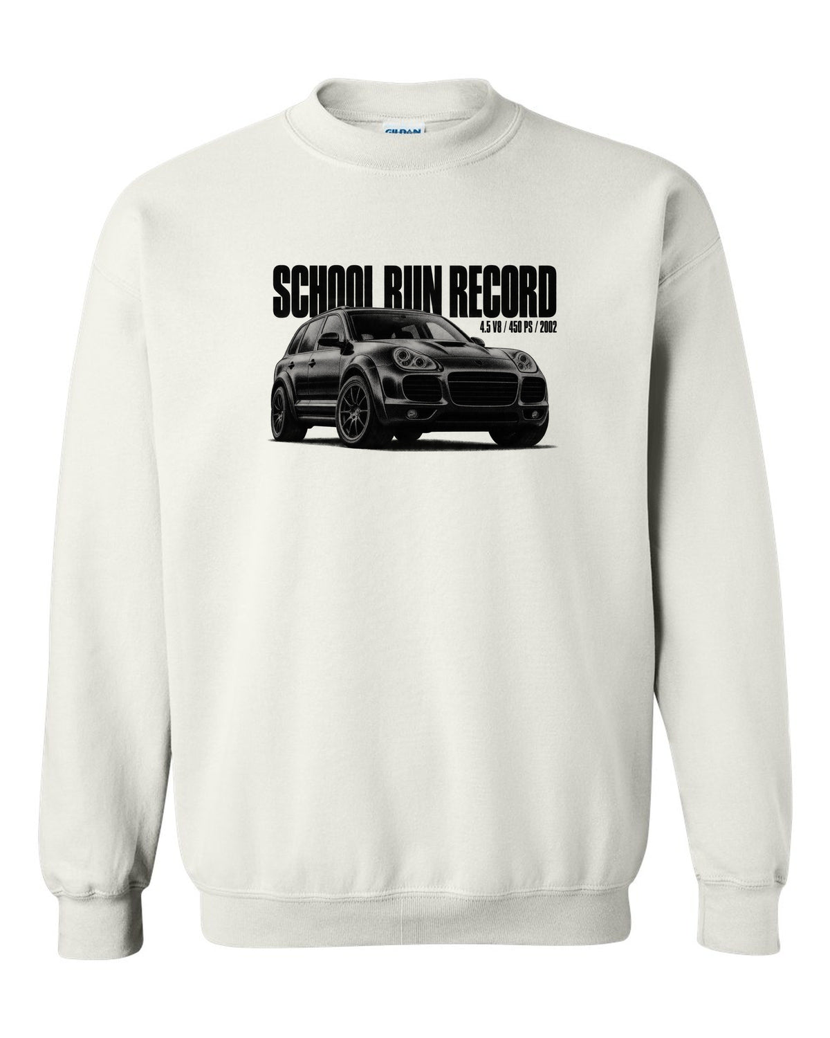 Halftone print of a Porsche Cayenne Turbo 955 with School Run Record caption white crewneck front view with the design