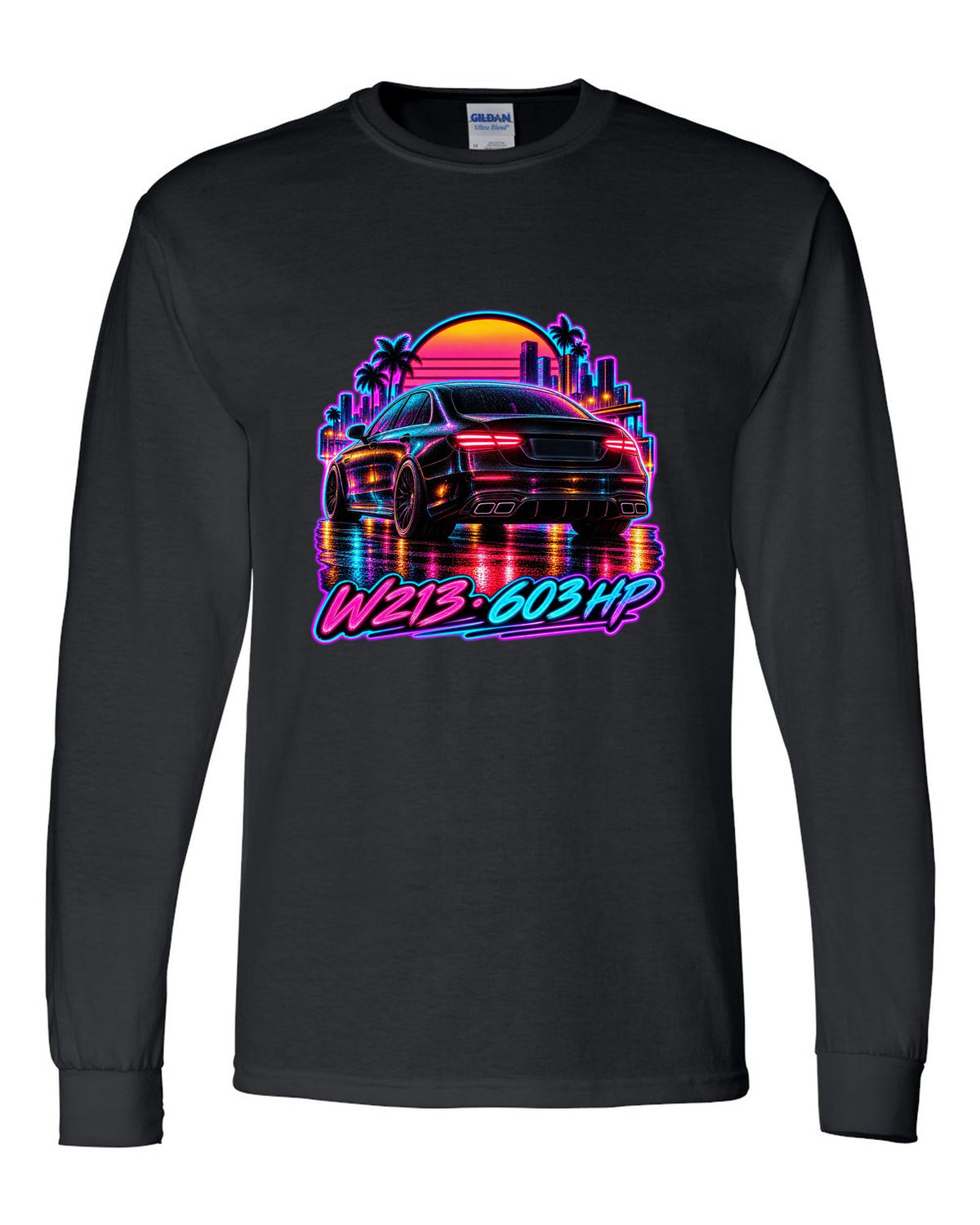 Synthwave wet road scene with a Mercedes E63 AMG W213 and 603 HP text black long sleeve front view with the design