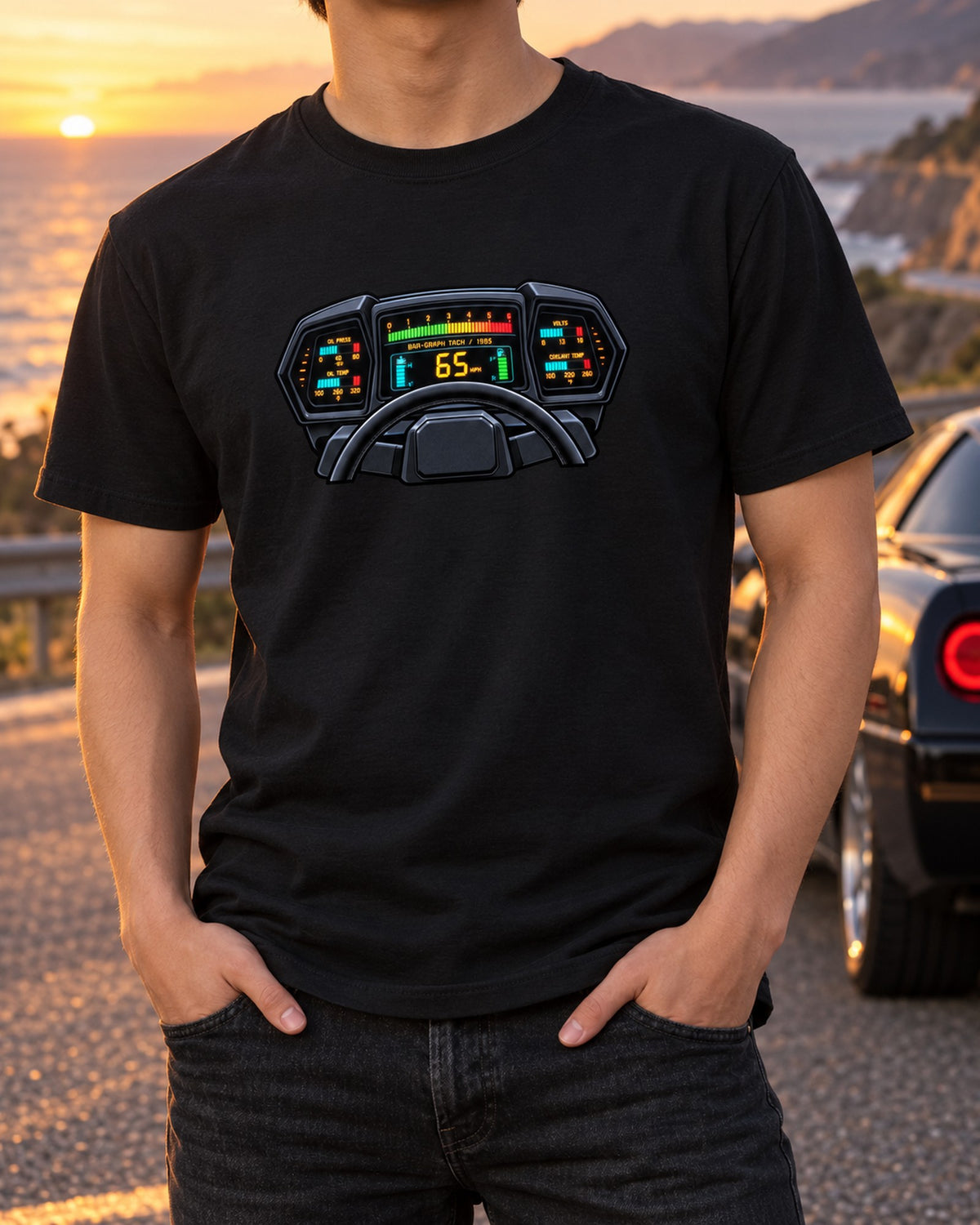 1985 Corvette C4 Digital Dash Gauge Cluster Shirt, Bar-Graph Tach T-Shirt Black worn hero