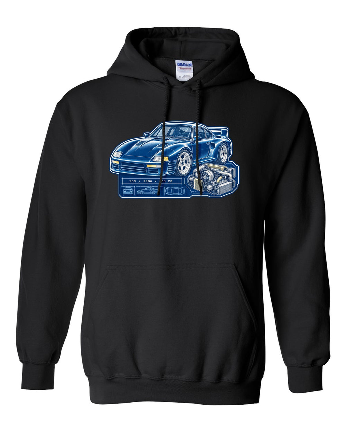 Porsche 959 cyanotype blueprint design with 1986 and 450 PS lettering black pull over hoodie front view with the design