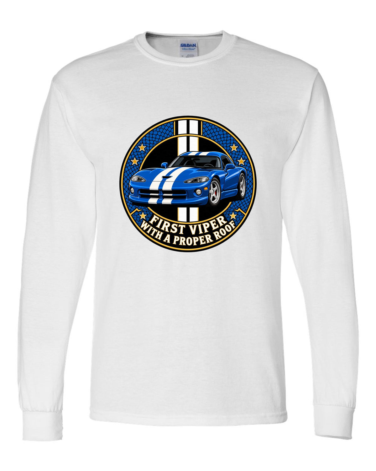 Original crest design print of a 1996 Dodge Viper GTS SR II with proper roof text white long sleeve front view with the design
