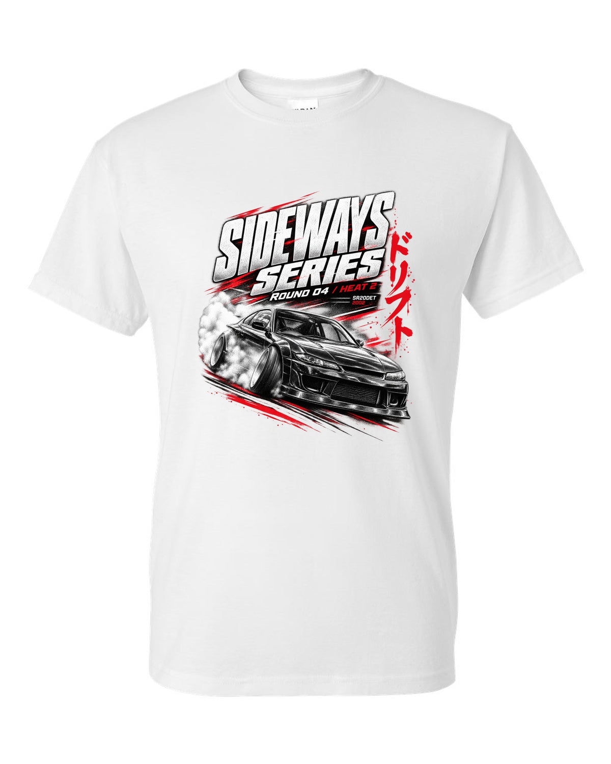 Race poster print of a Nissan Silvia S15 with Sideways Series Round 04 lettering white t-shirt front view with the design