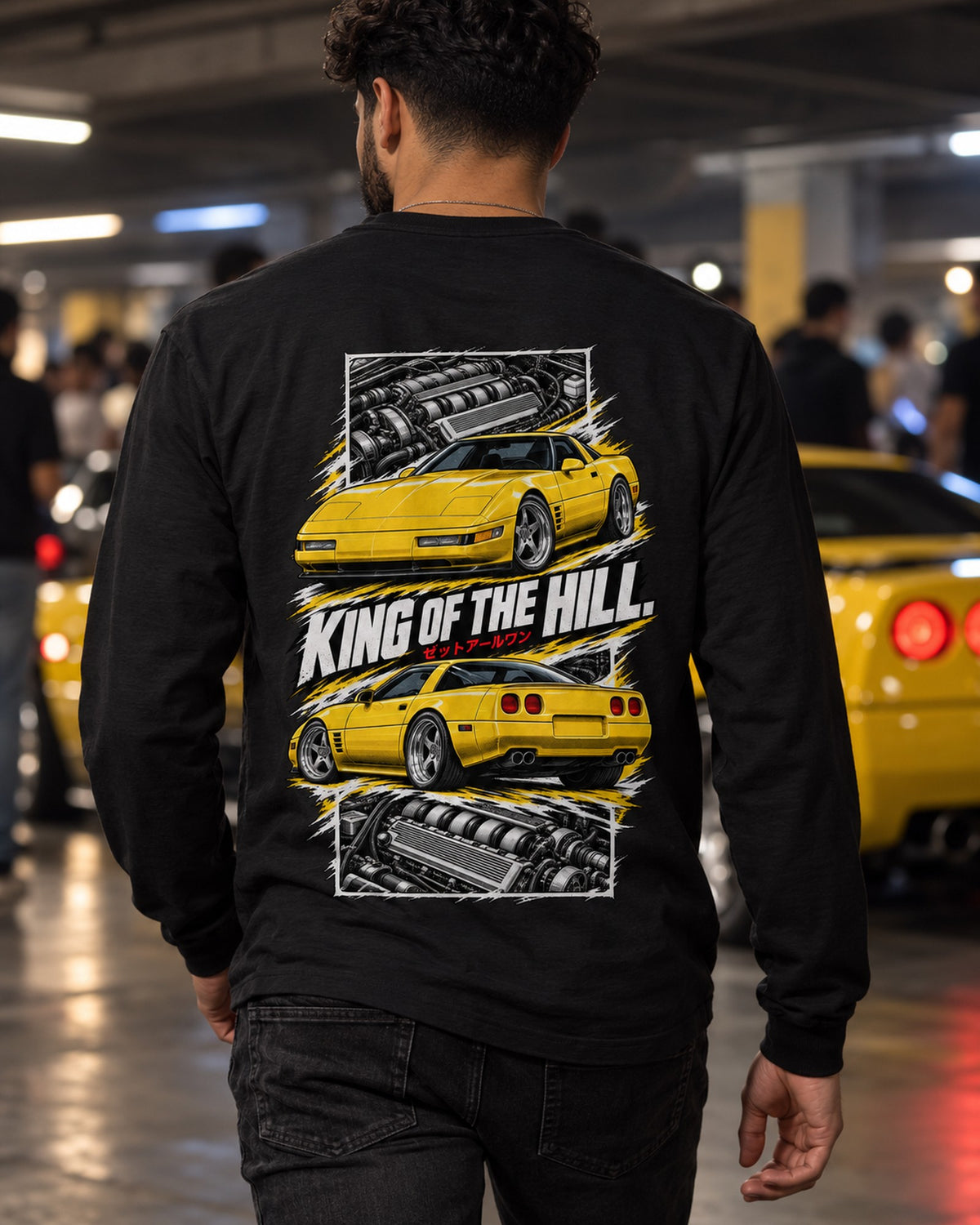 Corvette C4 Zr-1 Torn Poster Full-Back Graphic Tee Long Sleeve Black worn hero