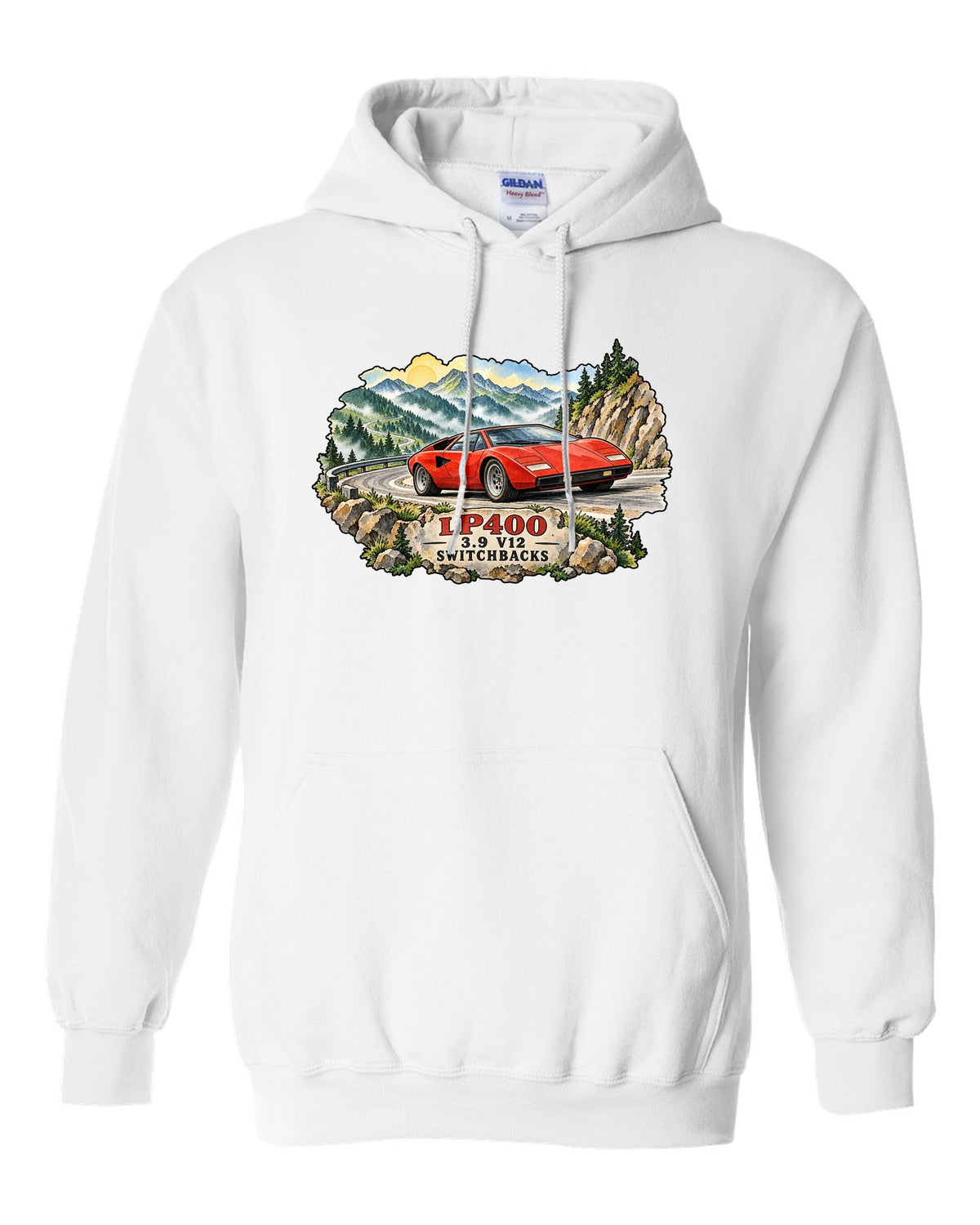 Watercolour ink wash design of a Lamborghini Countach LP400 on mountain switchbacks white pull over hoodie front view with the design