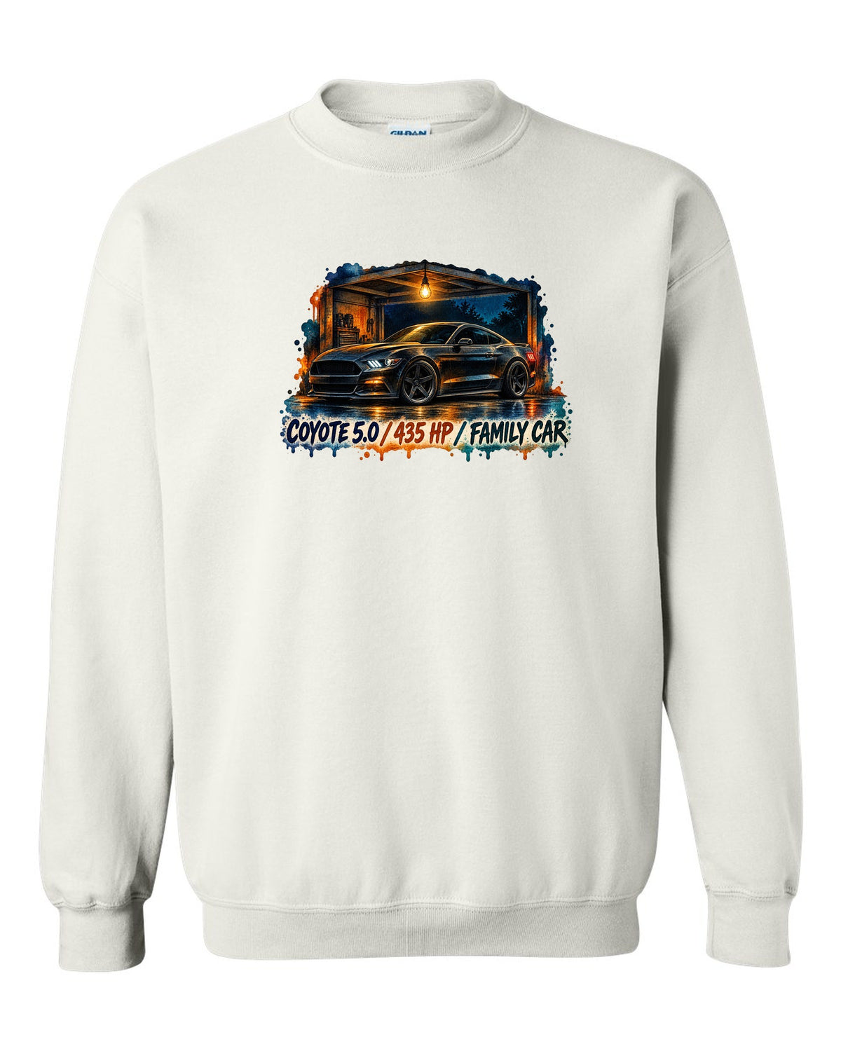 Watercolour night print of a Ford Mustang S550 GT with Coyote 5.0 435 HP family car text white crewneck front view with the design