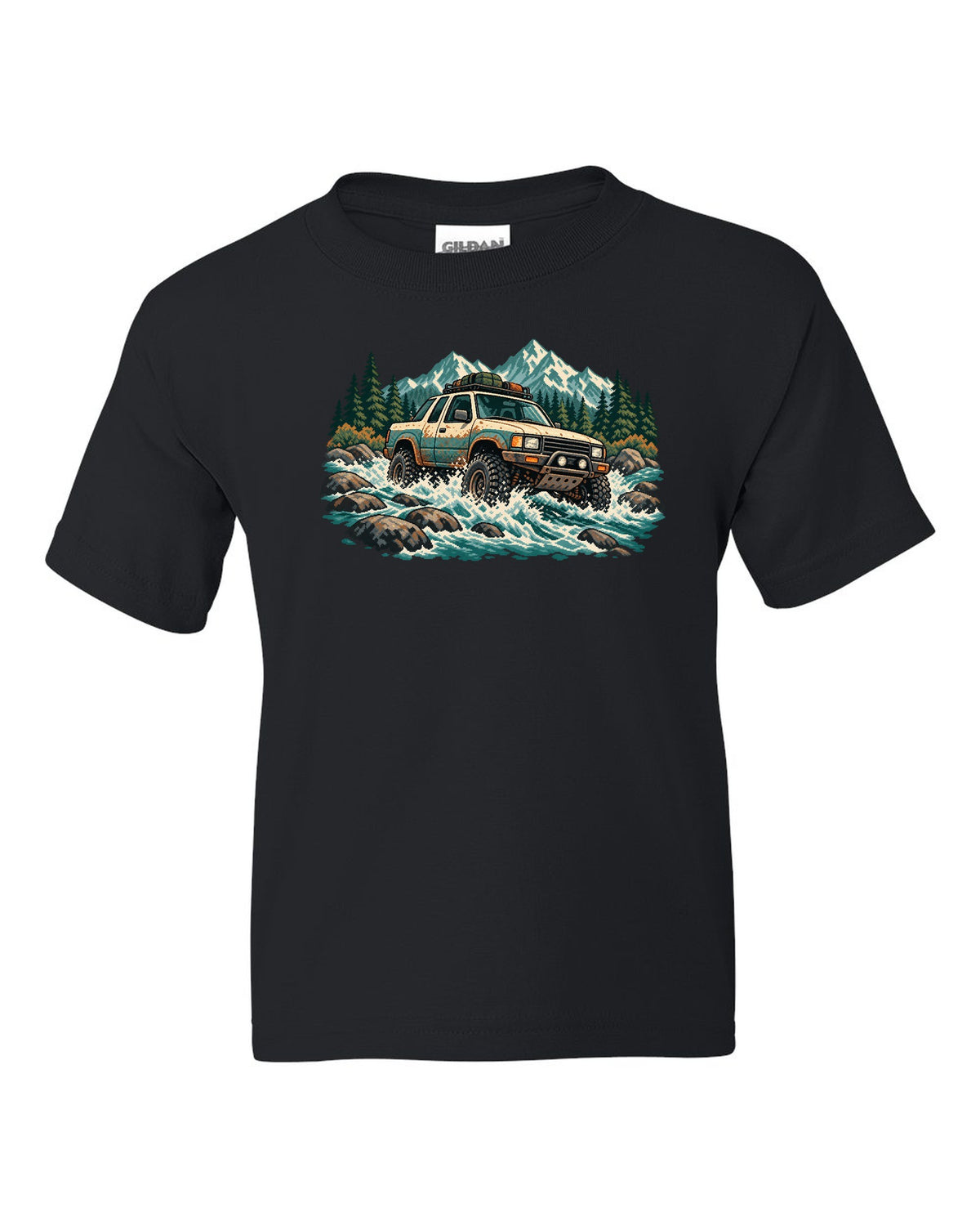 16-bit pixel art of a 2021 Ford F-150 Raptor Gen 3 P702 crossing a river with 5-LINK REAR lettering black kids tee front view with the design