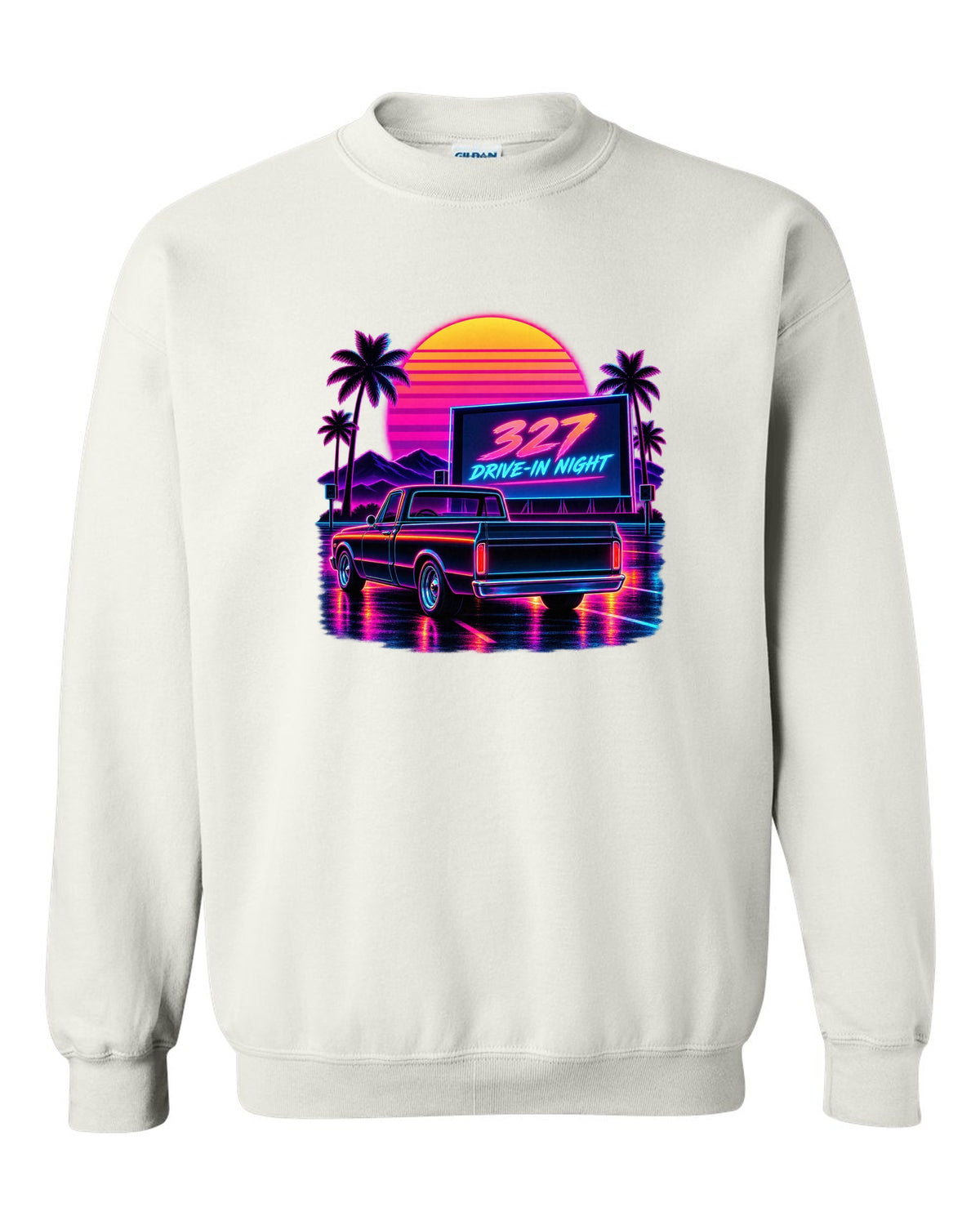 Synthwave outrun print of a 1967-72 Chevrolet C10 Action Line Fleetside at a drive-in with 327 lettering white crewneck front view with the design