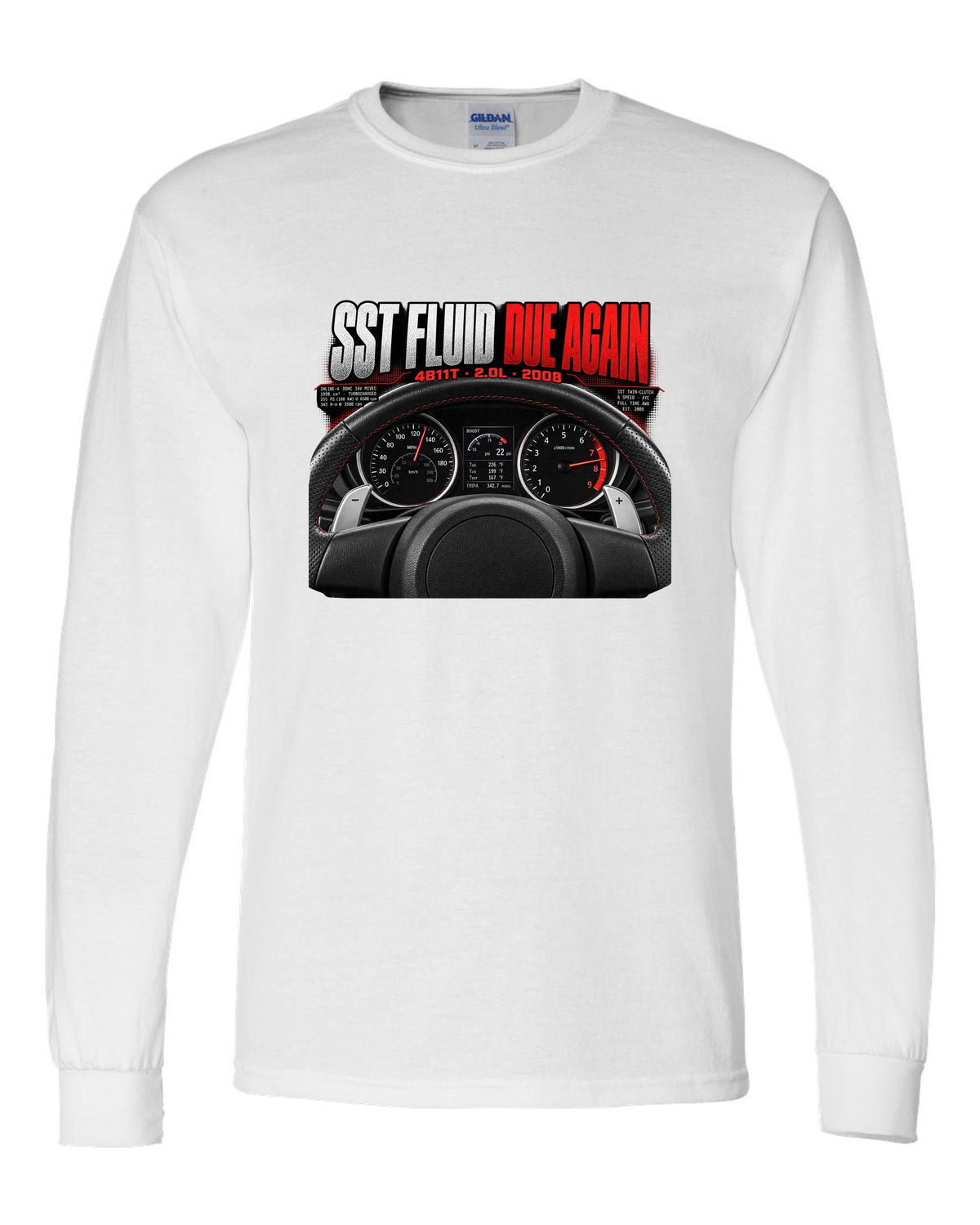 Mitsubishi Lancer Evolution X cockpit gauge print with SST fluid reminder text white long sleeve front view with the design