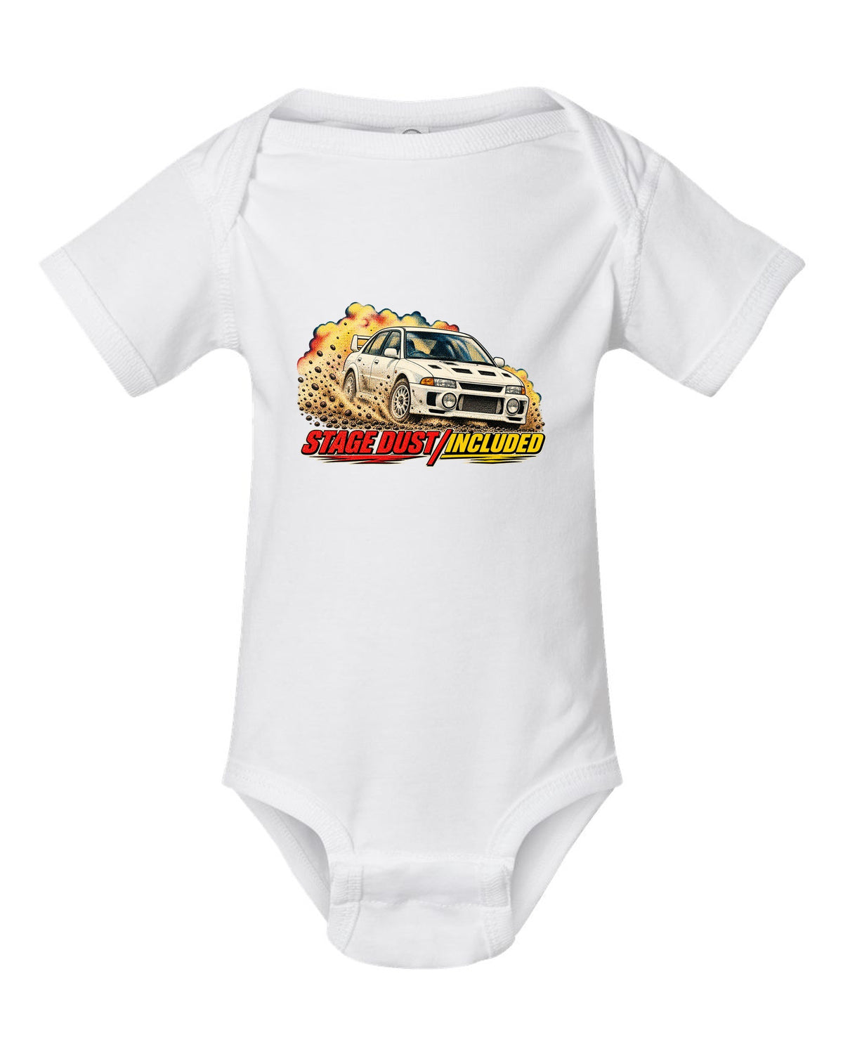 Halftone rally magazine style Mitsubishi Lancer Evolution III CE9A on gravel white baby onesie front view with the design