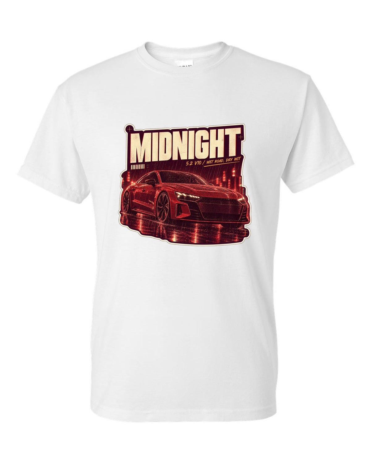 Audi R8 V10 performance on a wet night street print design white t-shirt front view with the design