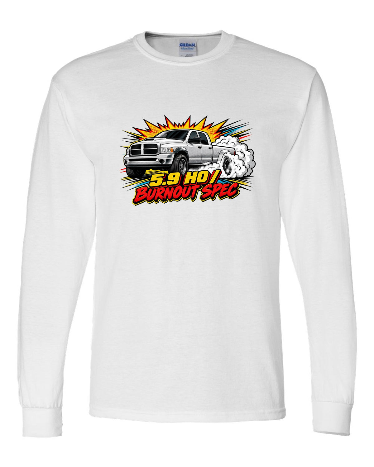 Comic halftone pop-art of a 2003-2009 Dodge Ram 3rd gen 5.9 HO with the words Burnout Spec white long sleeve front view with the design