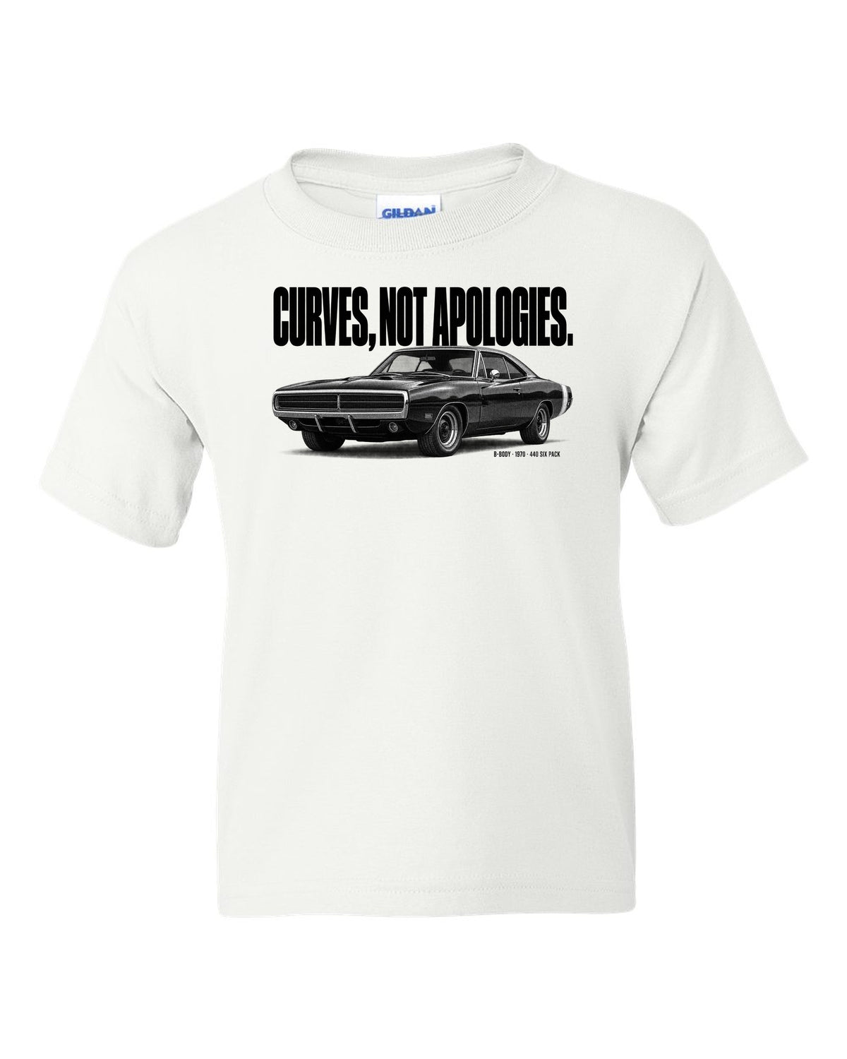 Halftone statement print of a 1970 Dodge Charger R/T with curves not apologies text white kids tee front view with the design