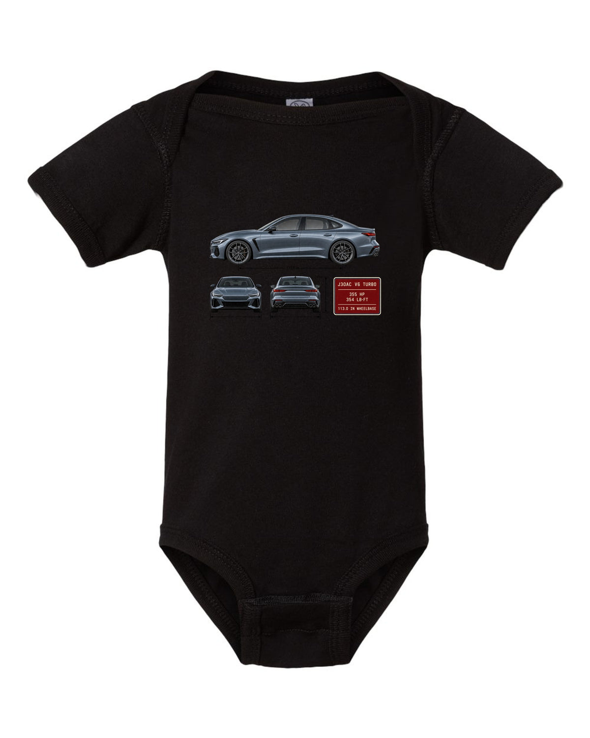 Acura TLX Type S three-view spec table print black baby onesie front view with the design