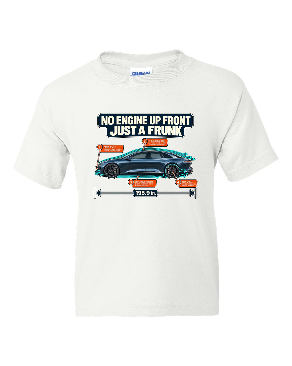 Aero cutaway callout print of a Lucid Air Sapphire showing the front trunk white kids tee front view with the design