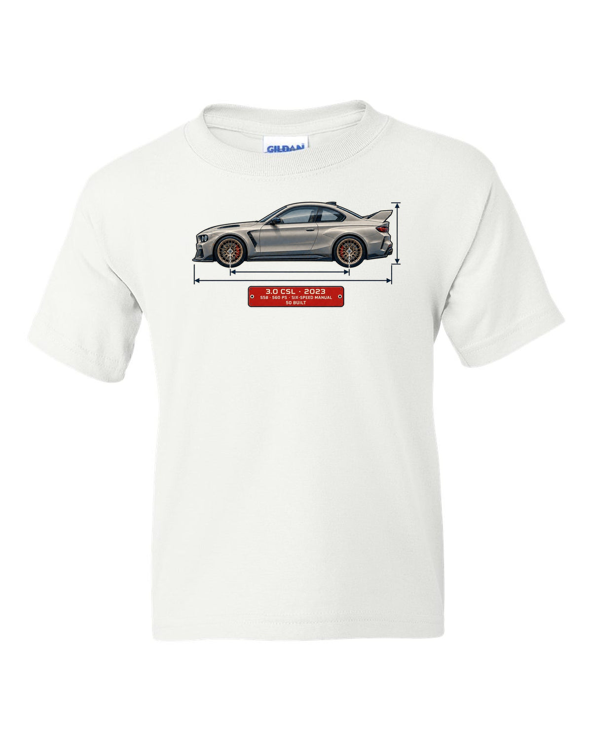BMW 3.0 CSL 2023 dimension blueprint print white kids tee front view with the design