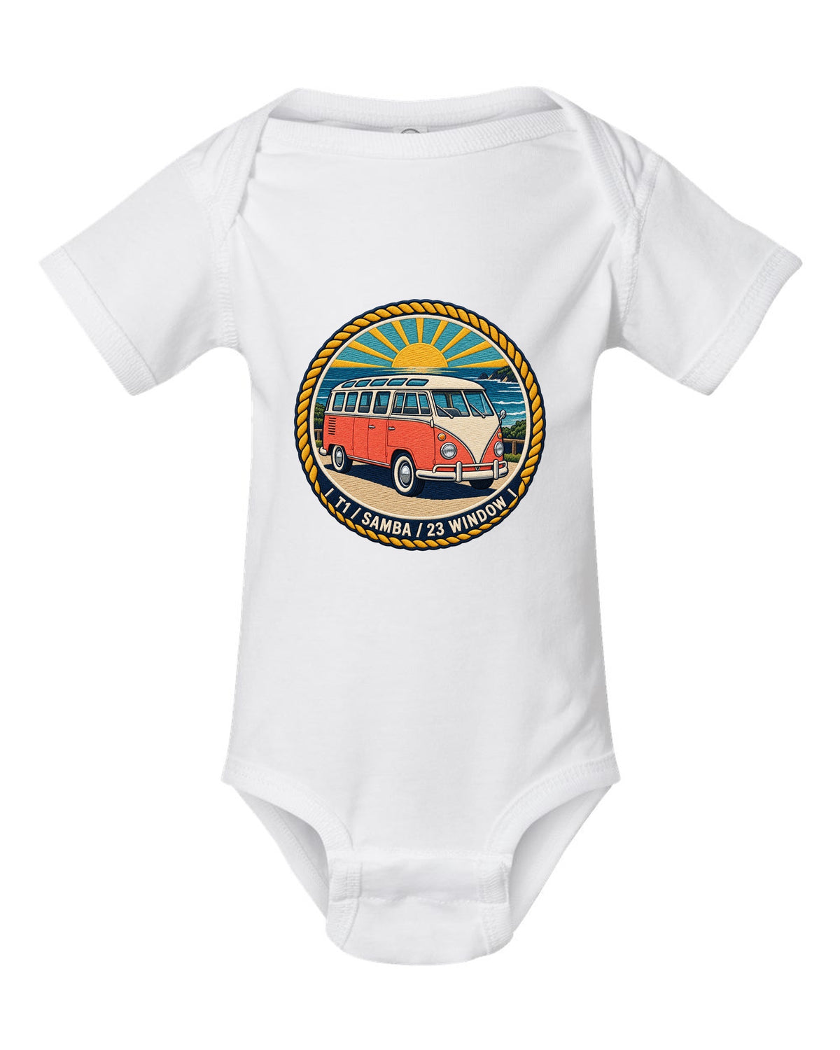 Round crest for the VW Bus T1 Samba 23 window white baby onesie front view with the design