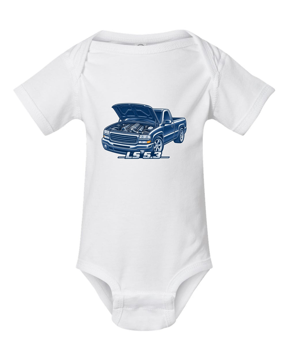 Cyanotype negative blueprint print of a 1999-2006 Chevrolet GMT800 NBS Silverado with LS 5.3 text white baby onesie front view with the design