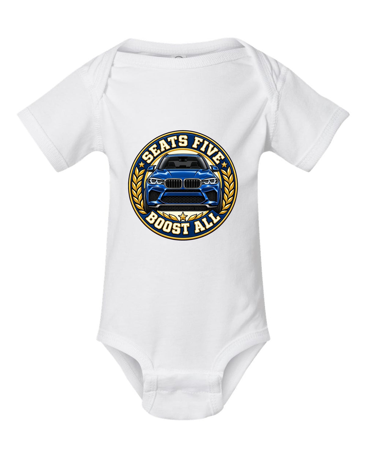Embroidery-style varsity crest print for the BMW X5 M F85 white baby onesie front view with the design