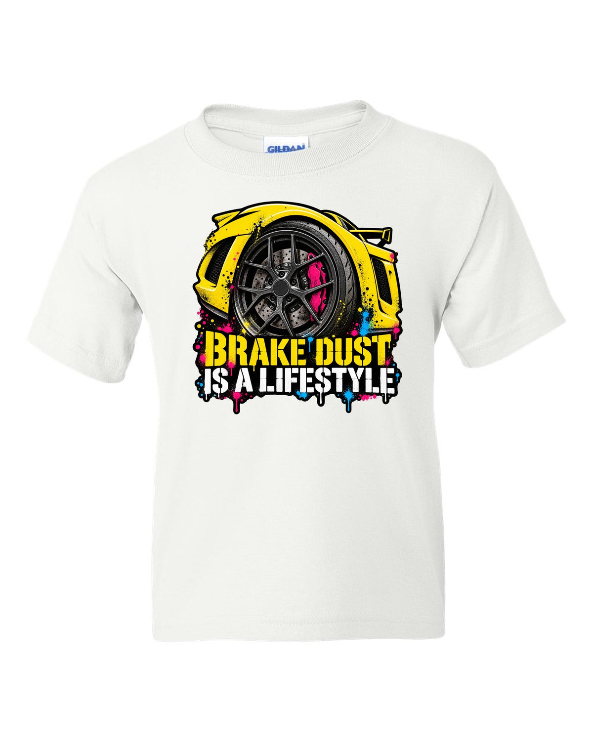 Lotus Exige stencil spray street art with BRAKE DUST IS A LIFESTYLE lettering white kids tee front view with the design