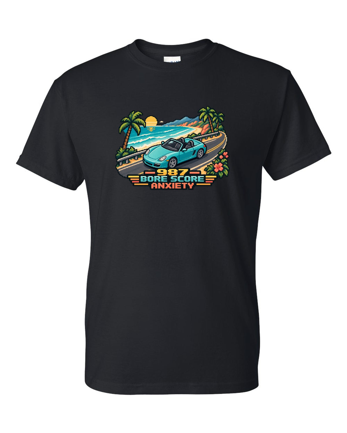 Porsche Boxster 987 isometric pixel art roadster with bore score anxiety text black t-shirt front view with the design