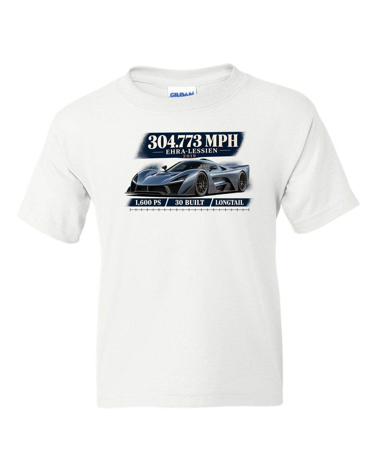 Bugatti Chiron Super Sport 300+ archive panel print with 304.773 mph record white kids tee front view with the design
