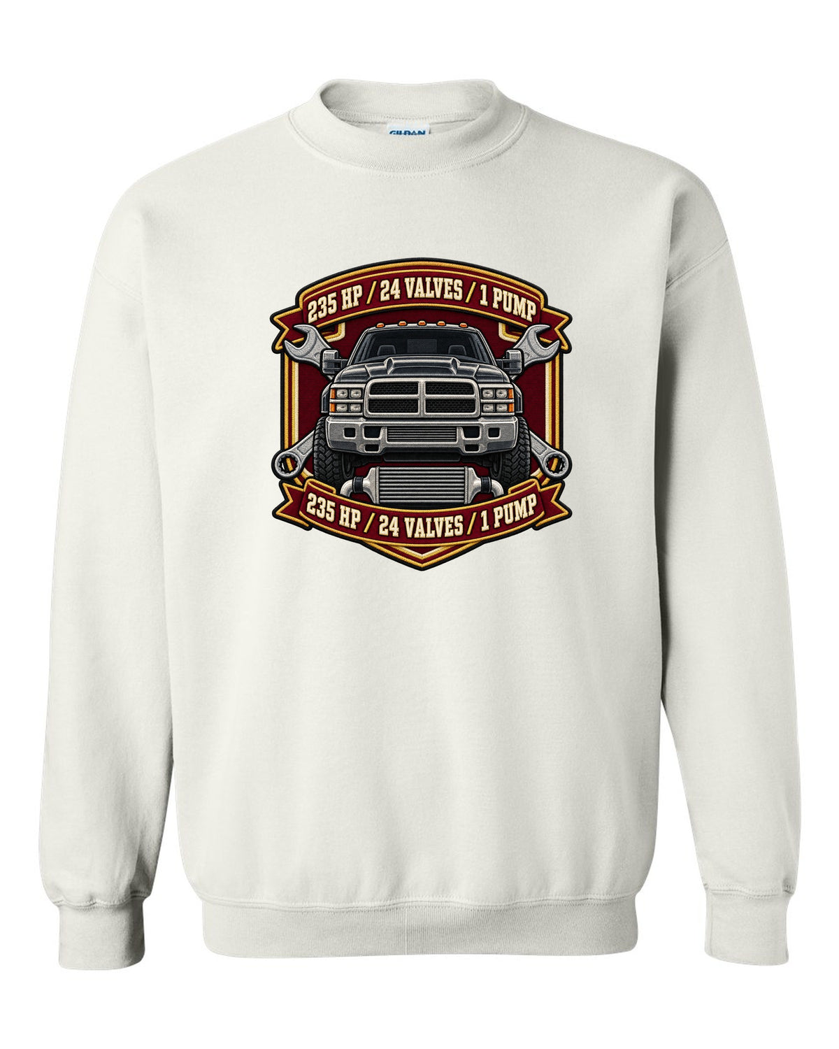 Varsity crest print for the 1998.5-2002 Dodge Ram 2500 24V Cummins with 235 HP, 24 valves, 1 pump white crewneck front view with the design