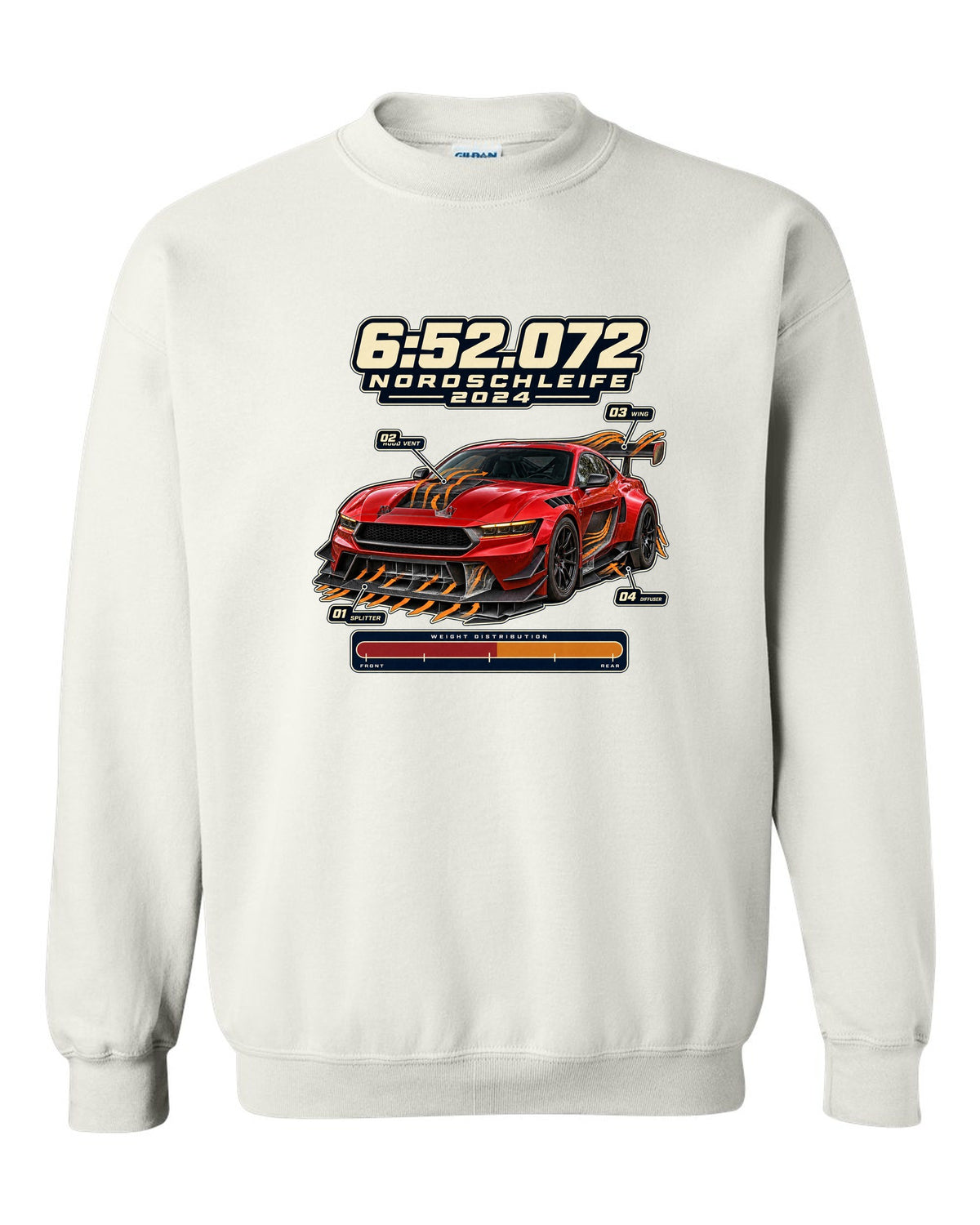 print of a Mustang GTD with aero callouts and 6:52.072 Nordschleife 2024 text white crewneck front view with the design