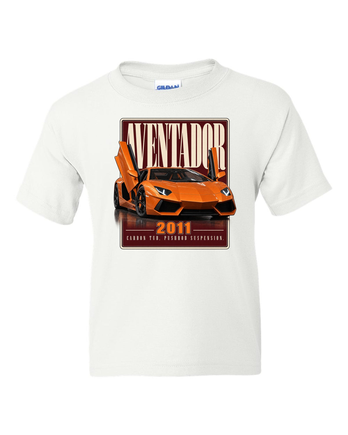 Editorial headline print of the Lamborghini Aventador LP700-4 white kids tee front view with the design