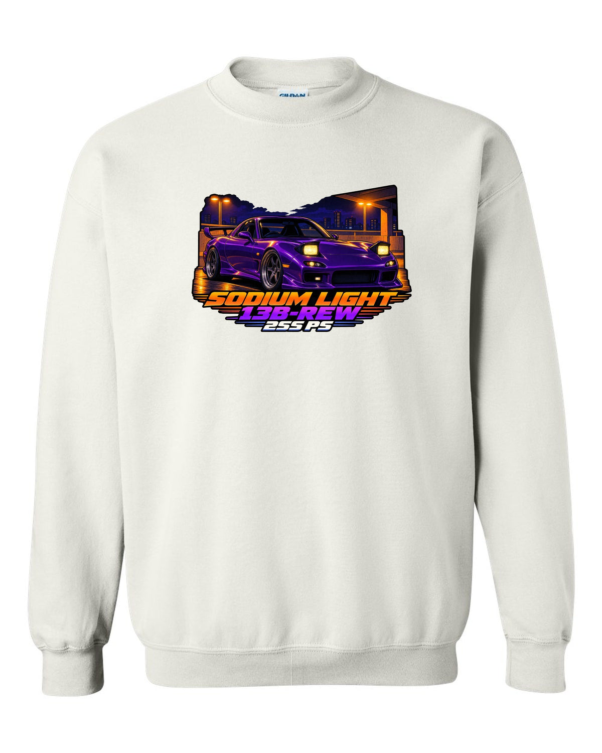 Cel-shaded 90s anime night print of a Mazda RX-7 FD3S with text Sodium Light, 13B-REW, 255 PS white crewneck front view with the design