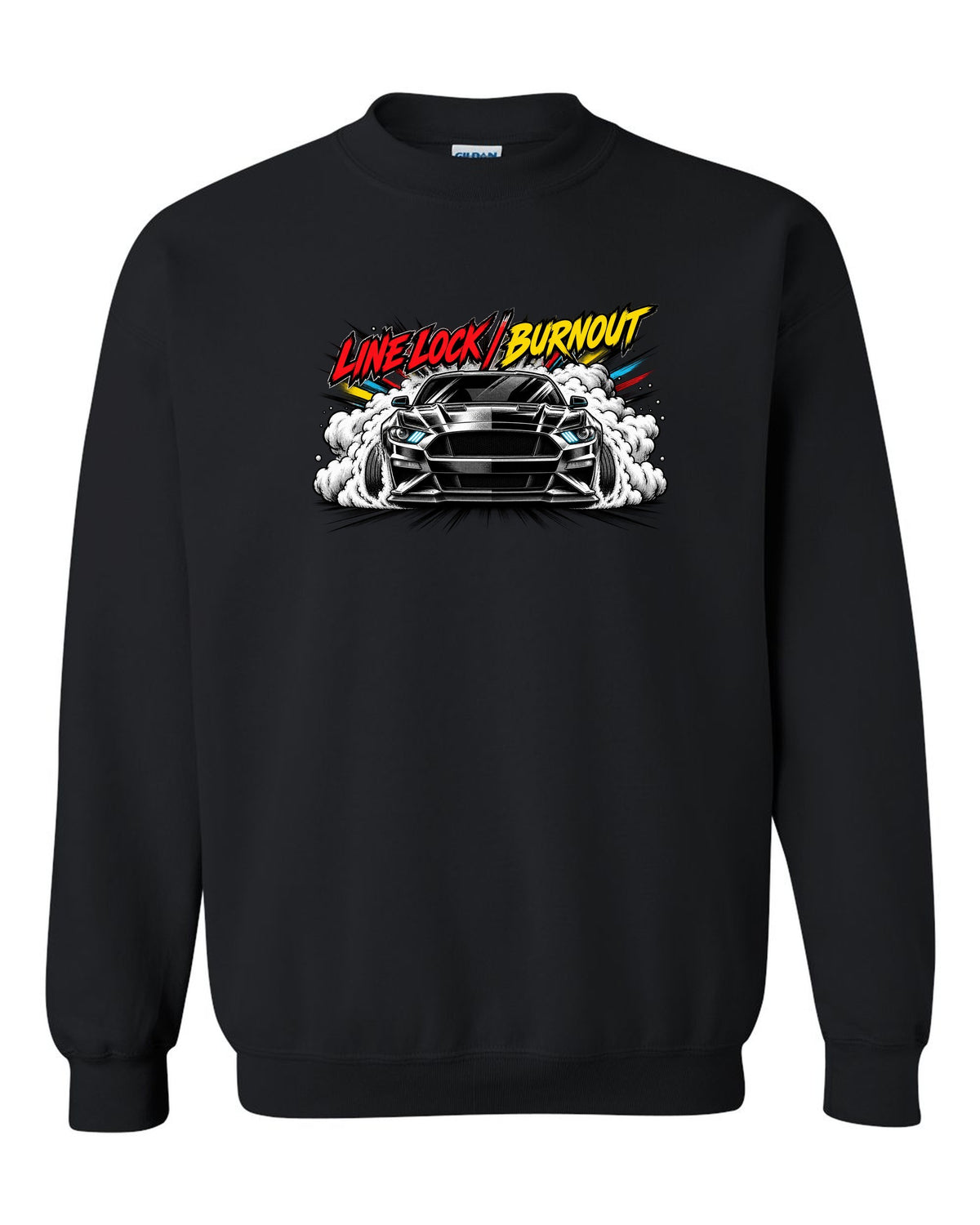 Varsity embroidery-style crest of an S550 Mustang fastback reading Yes, It's A Four black crewneck front view with the design