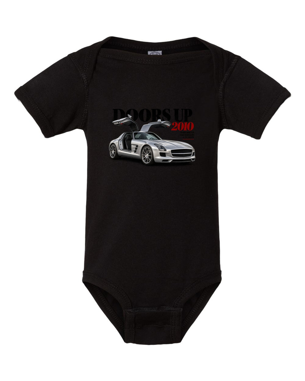 Editorial print of a Mercedes SLS AMG C197 with gullwing doors raised and Doors Up 2010 lettering black baby onesie front view with the design