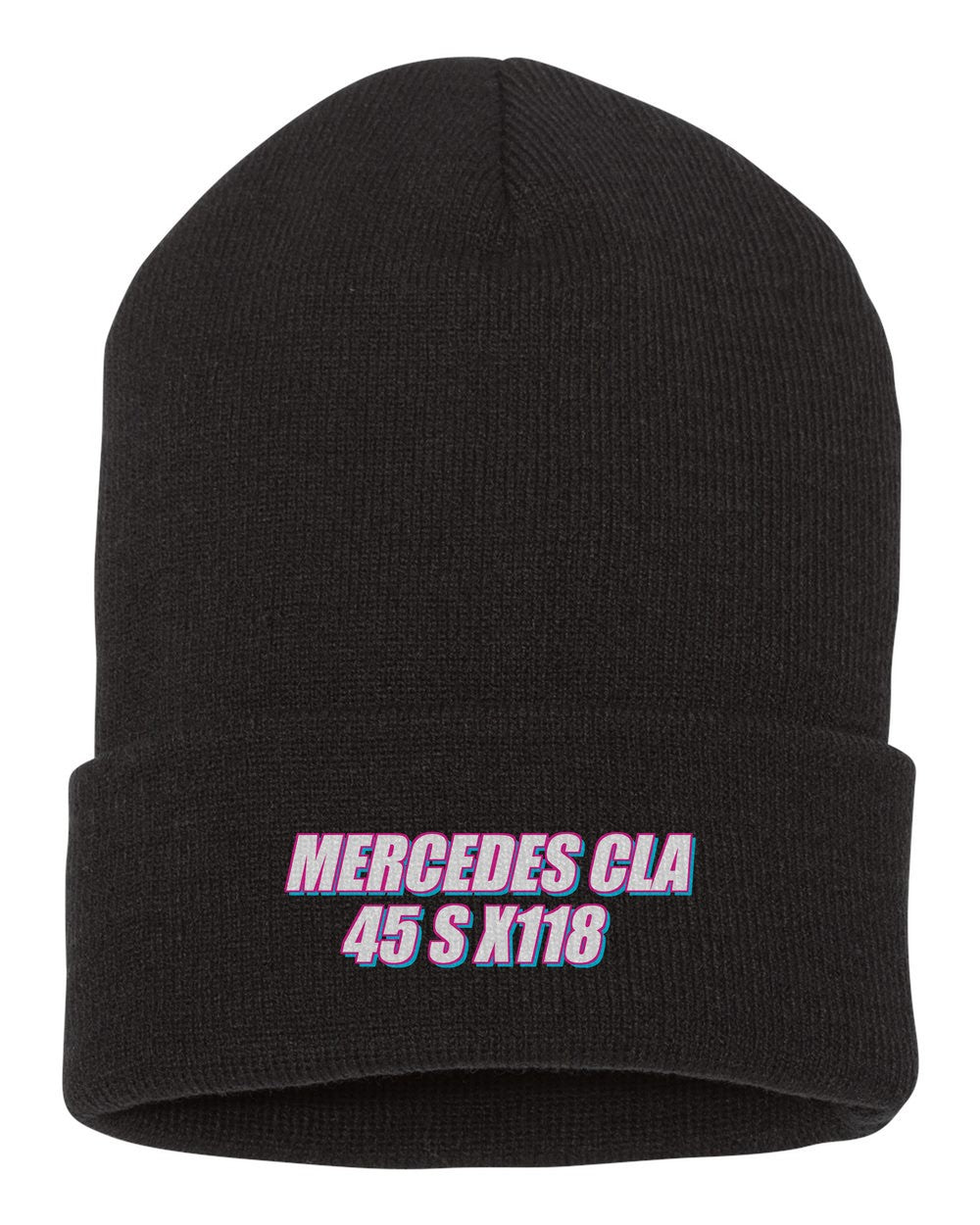 Mercedes Cla 45 S X118 black beanie front view with car name